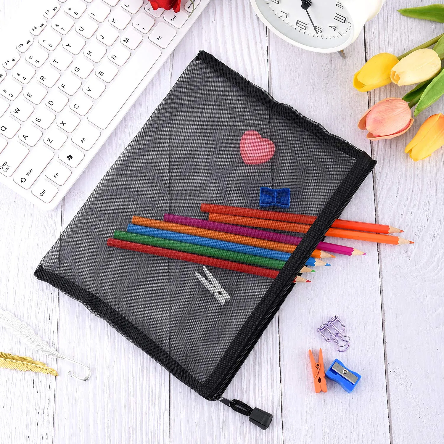 15 Pieces Mesh Bags Black Mesh Zipper Pouch Makeup Bags Cosmetic Travel Organizer Bags Pencil Case, 9.5 x 7.1 Inches