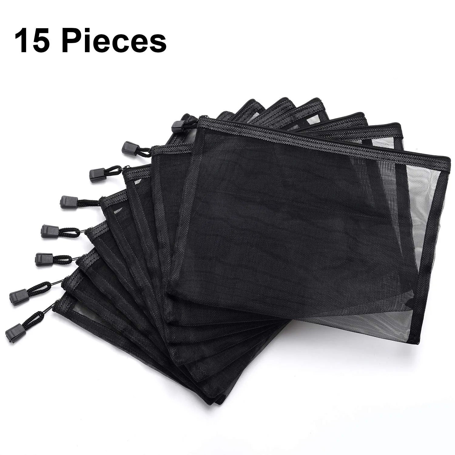 15 Pieces Mesh Bags Black Mesh Zipper Pouch Makeup Bags Cosmetic Travel Organizer Bags Pencil Case, 9.5 x 7.1 Inches