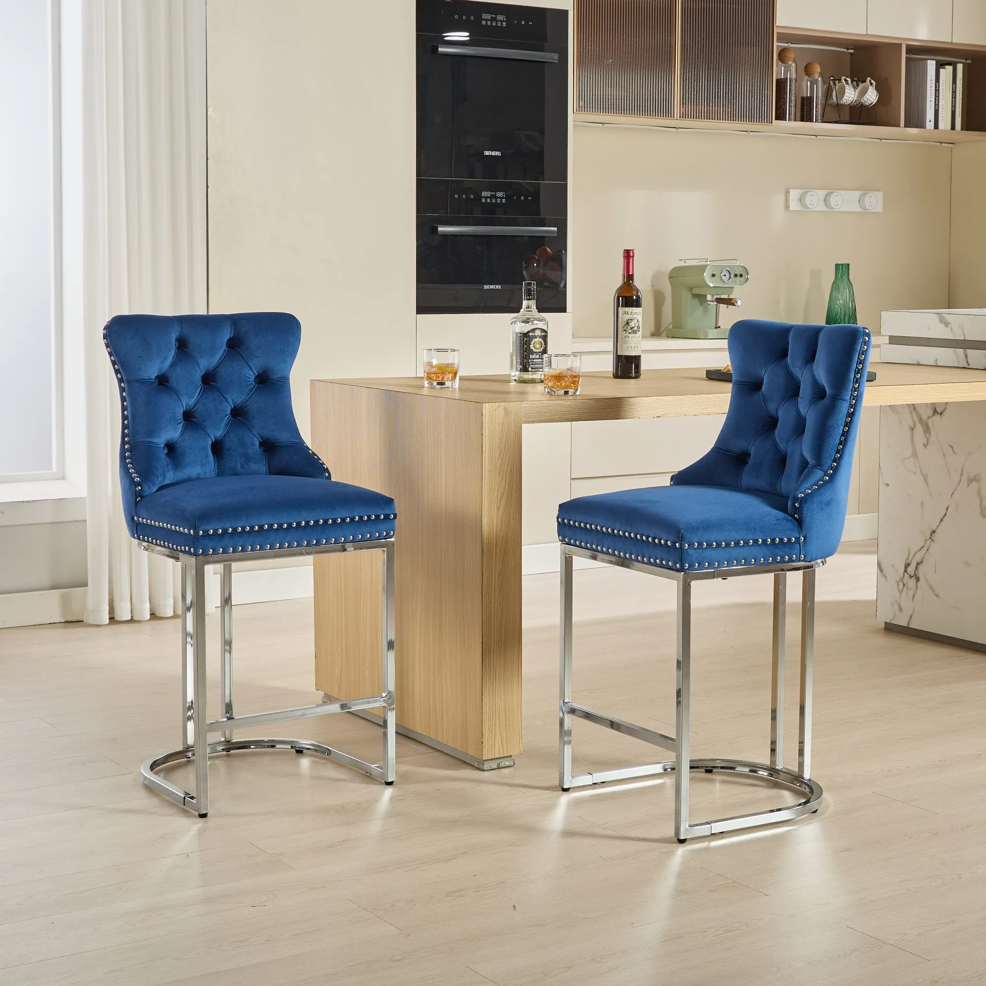 25" Counter Height Bar Stools Set of 2, Modern Velvet Barstools with Button Back & Rivet Trim, Blue, 2 Pack