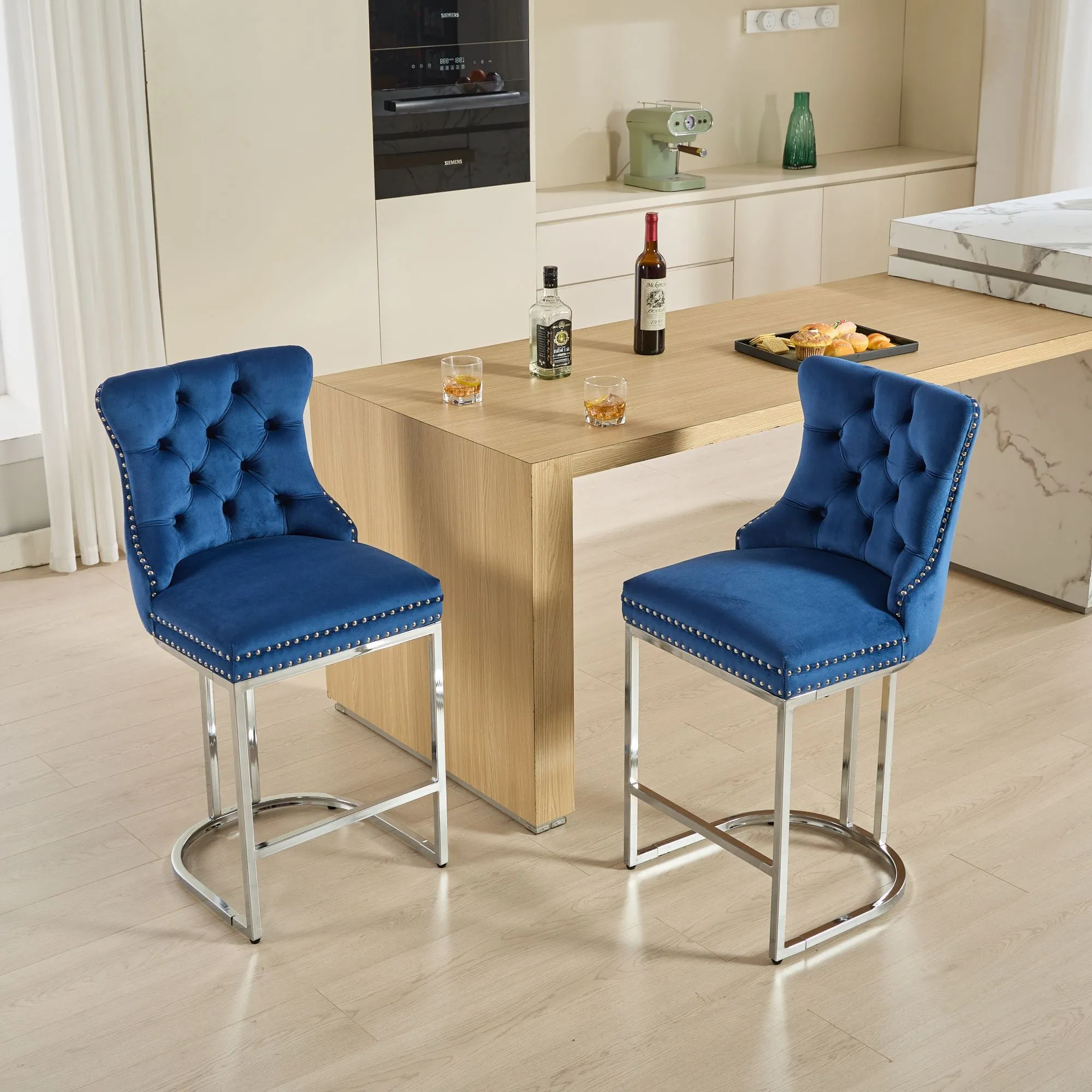 25" Counter Height Bar Stools Set of 2, Modern Velvet Barstools with Button Back & Rivet Trim, Blue, 2 Pack