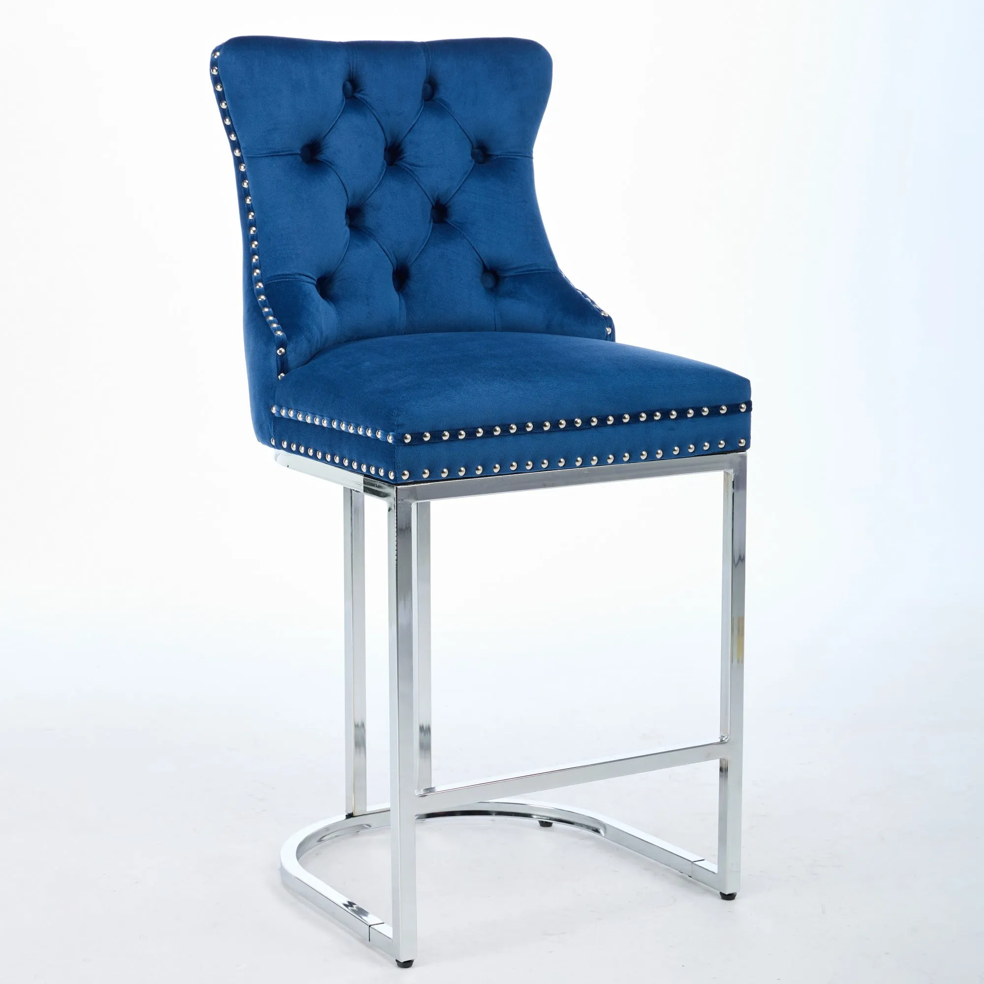 25" Counter Height Bar Stools Set of 2, Modern Velvet Barstools with Button Back & Rivet Trim, Blue, 2 Pack
