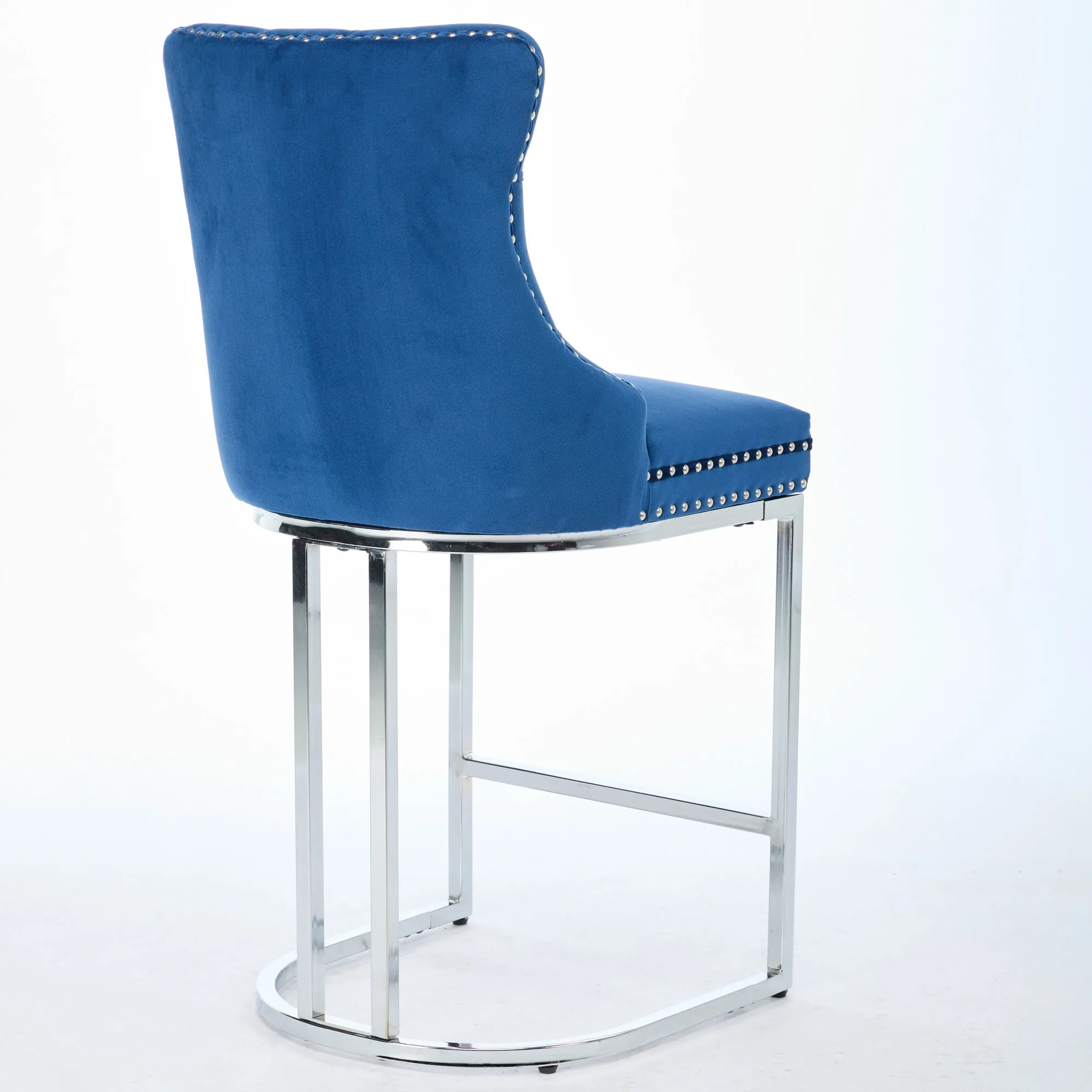 25" Counter Height Bar Stools Set of 2, Modern Velvet Barstools with Button Back & Rivet Trim, Blue, 2 Pack