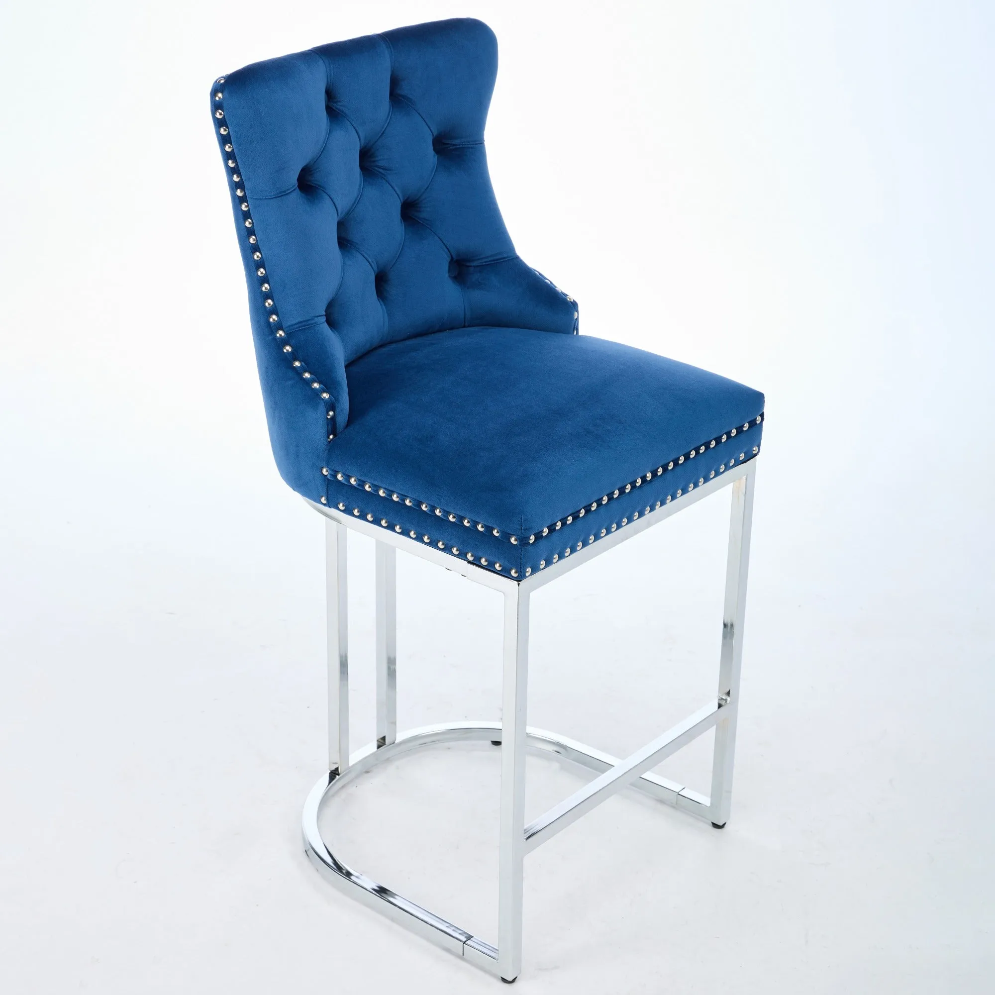 25" Counter Height Bar Stools Set of 2, Modern Velvet Barstools with Button Back & Rivet Trim, Blue, 2 Pack