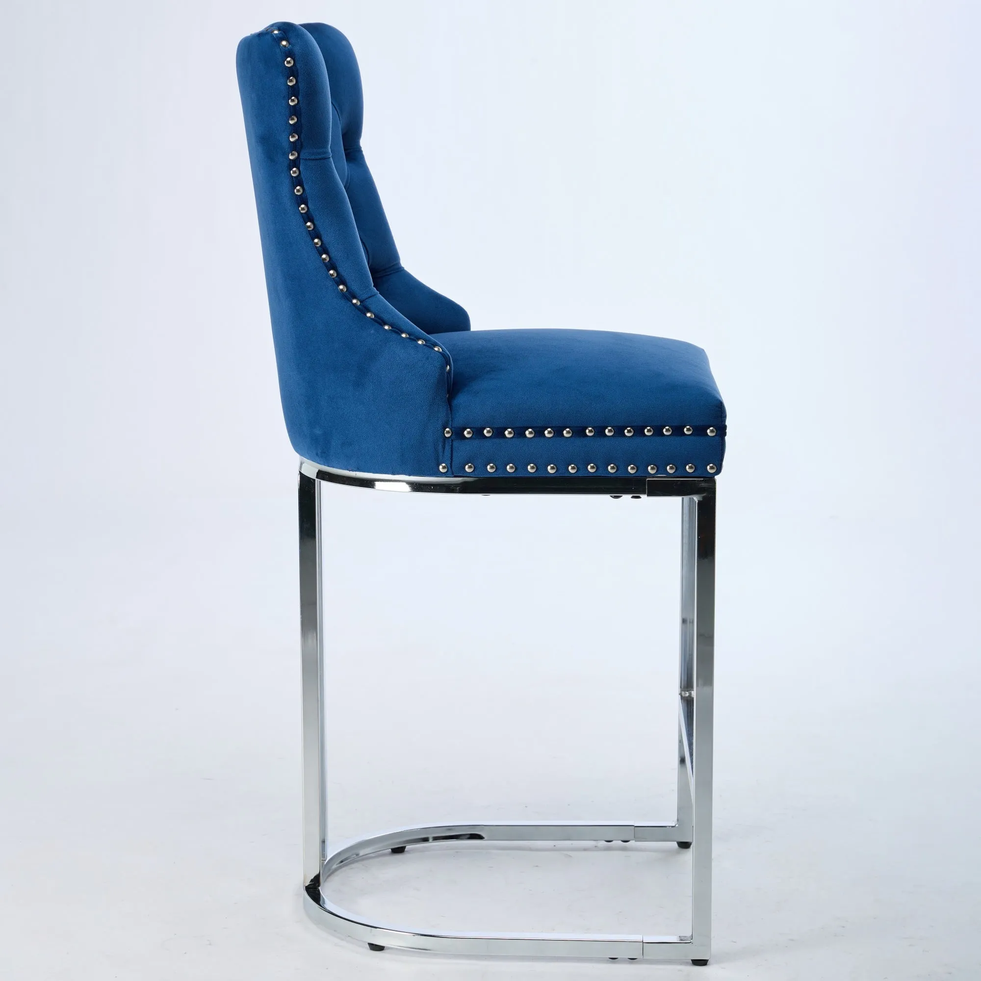 25" Counter Height Bar Stools Set of 2, Modern Velvet Barstools with Button Back & Rivet Trim, Blue, 2 Pack