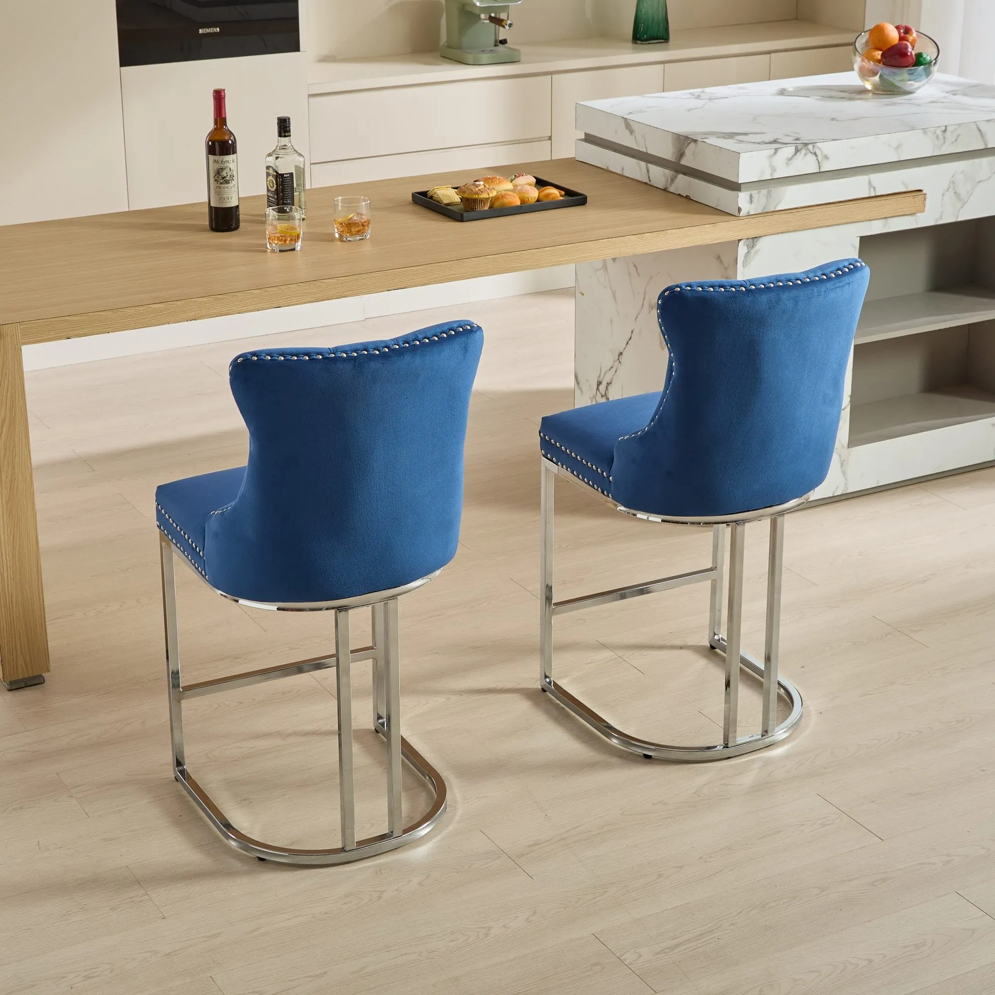 25" Counter Height Bar Stools Set of 2, Modern Velvet Barstools with Button Back & Rivet Trim, Blue, 2 Pack