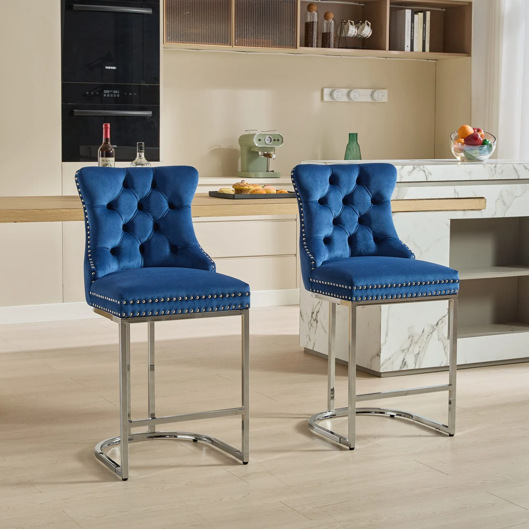 25" Counter Height Bar Stools Set of 2, Modern Velvet Barstools with Button Back & Rivet Trim, Blue, 2 Pack