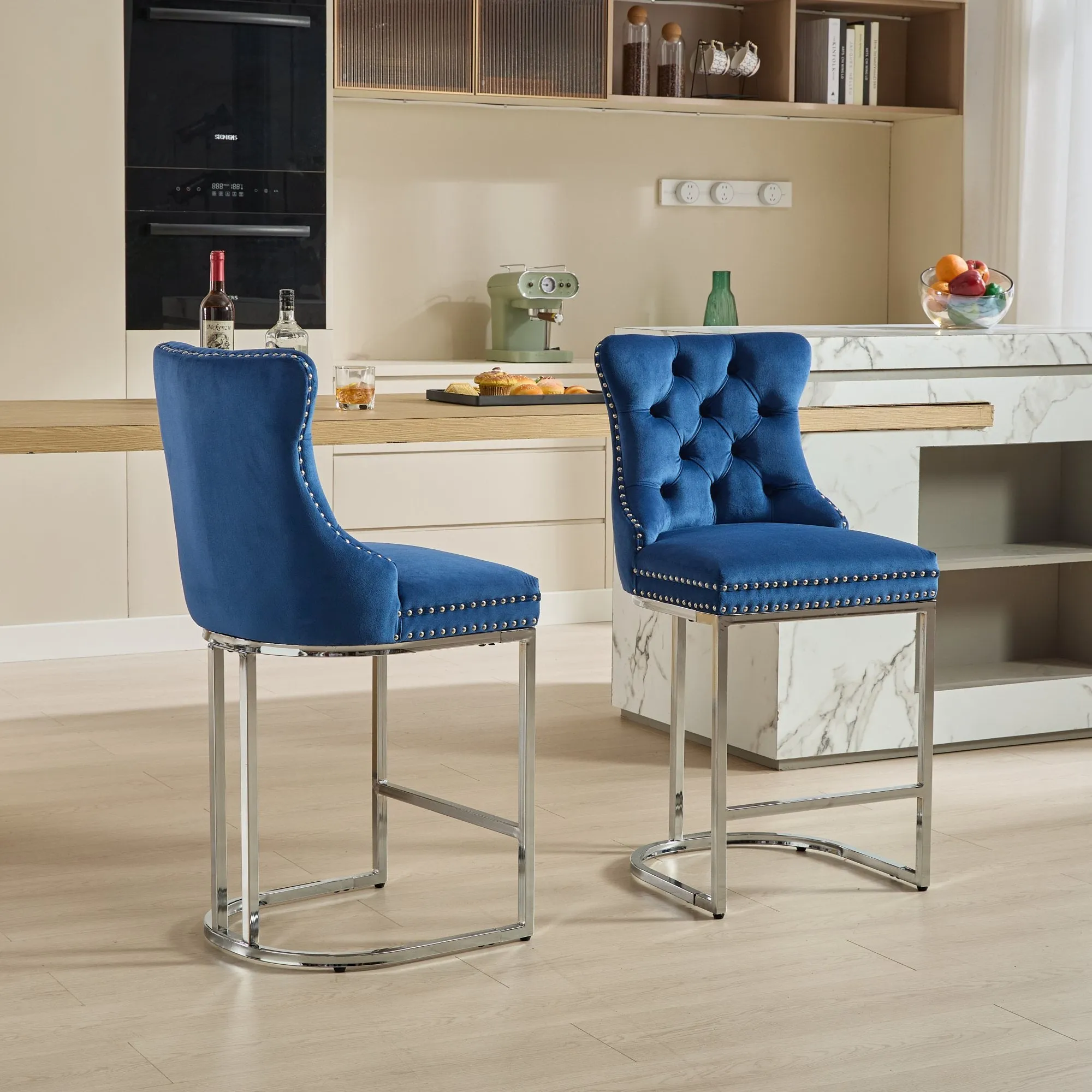 25" Counter Height Bar Stools Set of 2, Modern Velvet Barstools with Button Back & Rivet Trim, Blue, 2 Pack