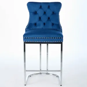 25" Counter Height Bar Stools Set of 2, Modern Velvet Barstools with Button Back & Rivet Trim, Blue, 2 Pack