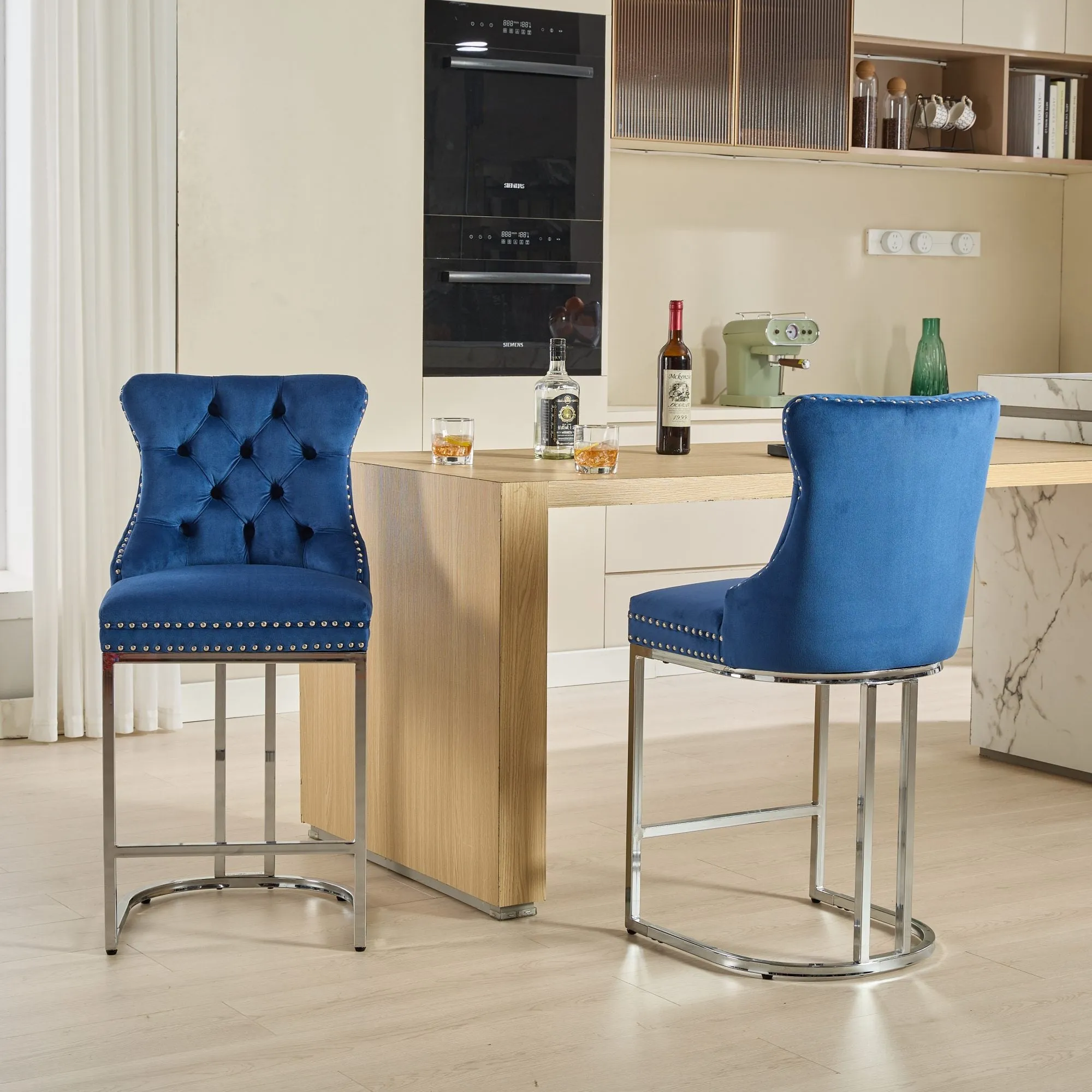25" Counter Height Bar Stools Set of 2, Modern Velvet Barstools with Button Back & Rivet Trim, Blue, 2 Pack