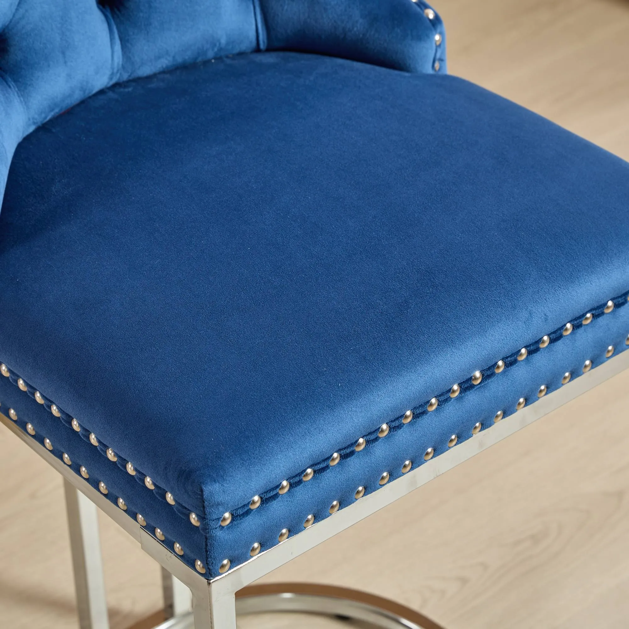 25" Counter Height Bar Stools Set of 2, Modern Velvet Barstools with Button Back & Rivet Trim, Blue, 2 Pack