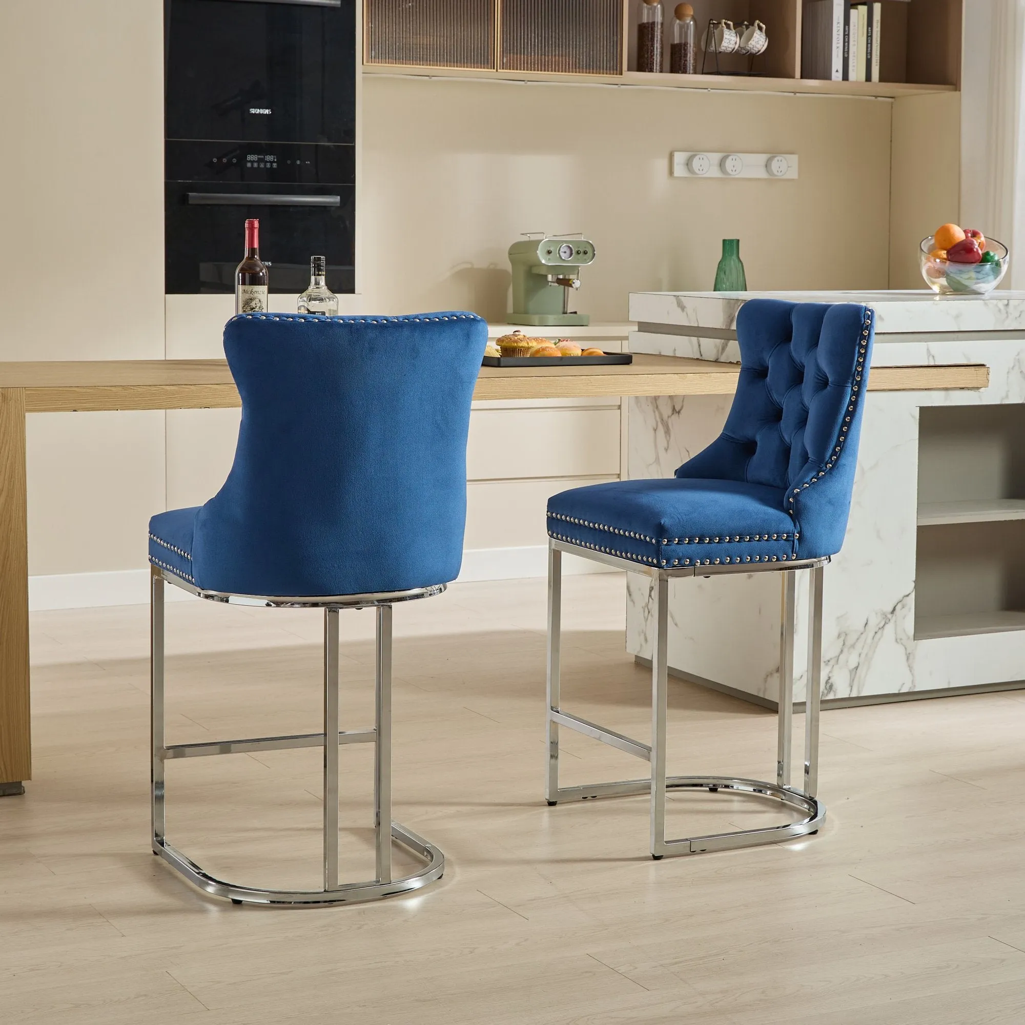 25" Counter Height Bar Stools Set of 2, Modern Velvet Barstools with Button Back & Rivet Trim, Blue, 2 Pack