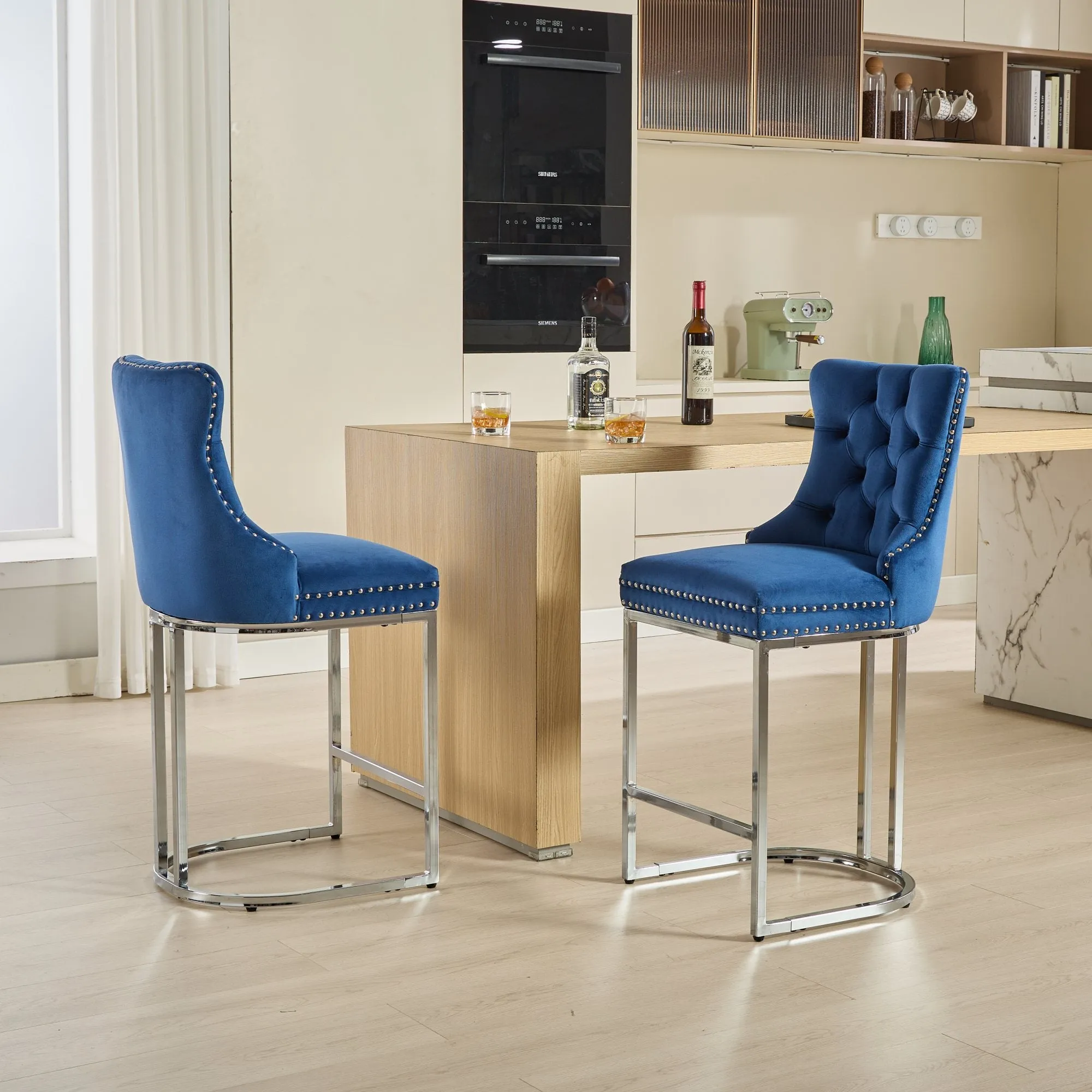 25" Counter Height Bar Stools Set of 2, Modern Velvet Barstools with Button Back & Rivet Trim, Blue, 2 Pack