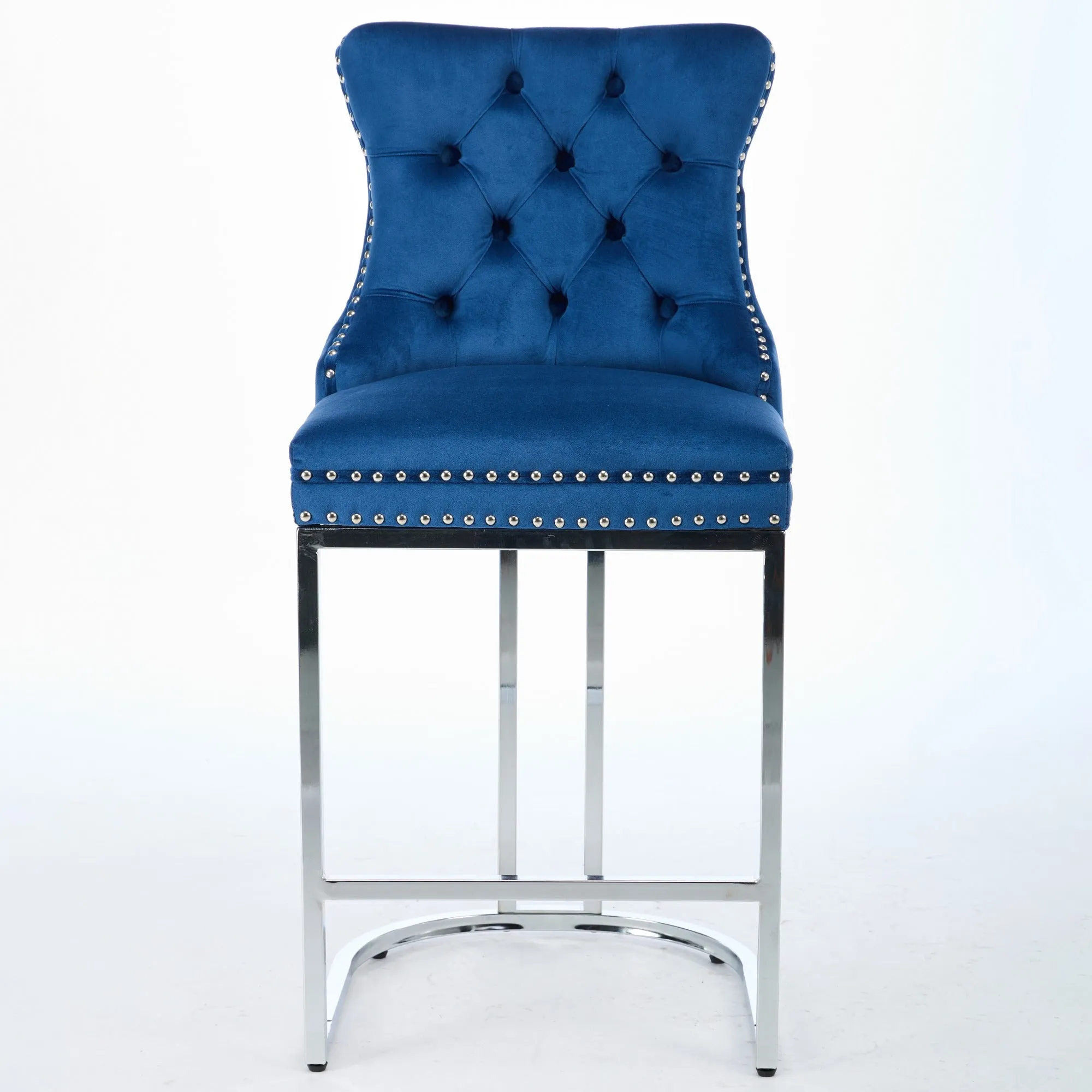 25" Counter Height Bar Stools Set of 2, Modern Velvet Barstools with Button Back & Rivet Trim, Blue, 2 Pack