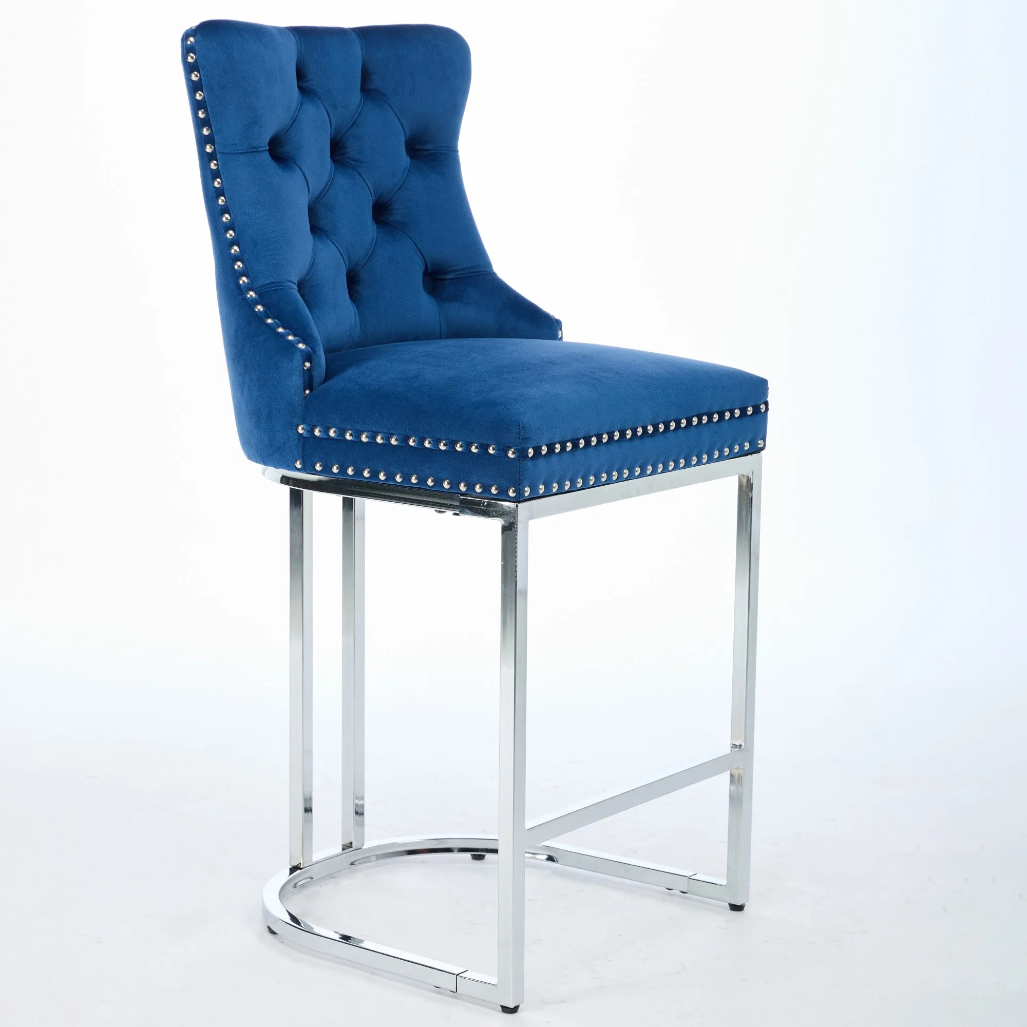 25" Counter Height Bar Stools Set of 2, Modern Velvet Barstools with Button Back & Rivet Trim, Blue, 2 Pack