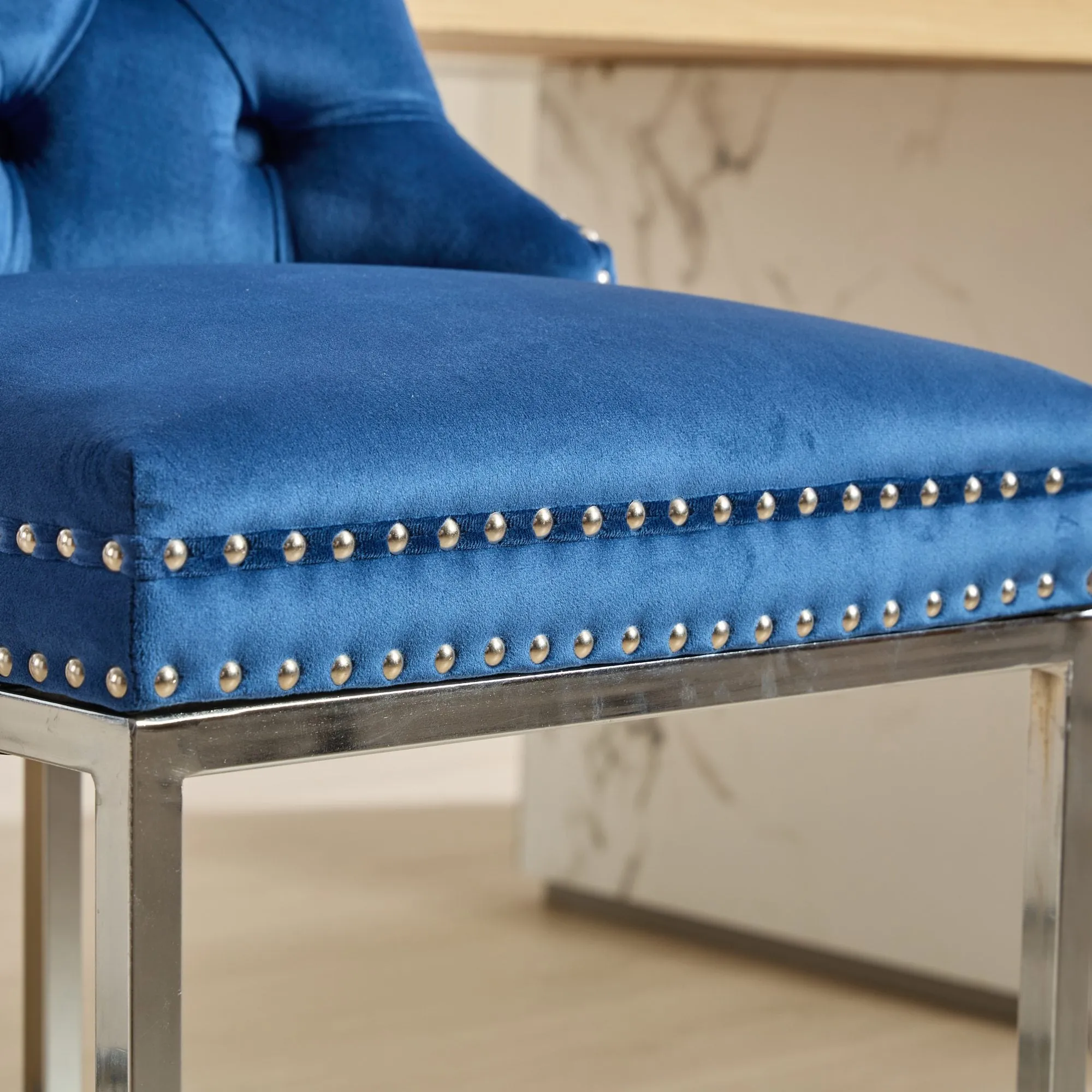 25" Counter Height Bar Stools Set of 2, Modern Velvet Barstools with Button Back & Rivet Trim, Blue, 2 Pack