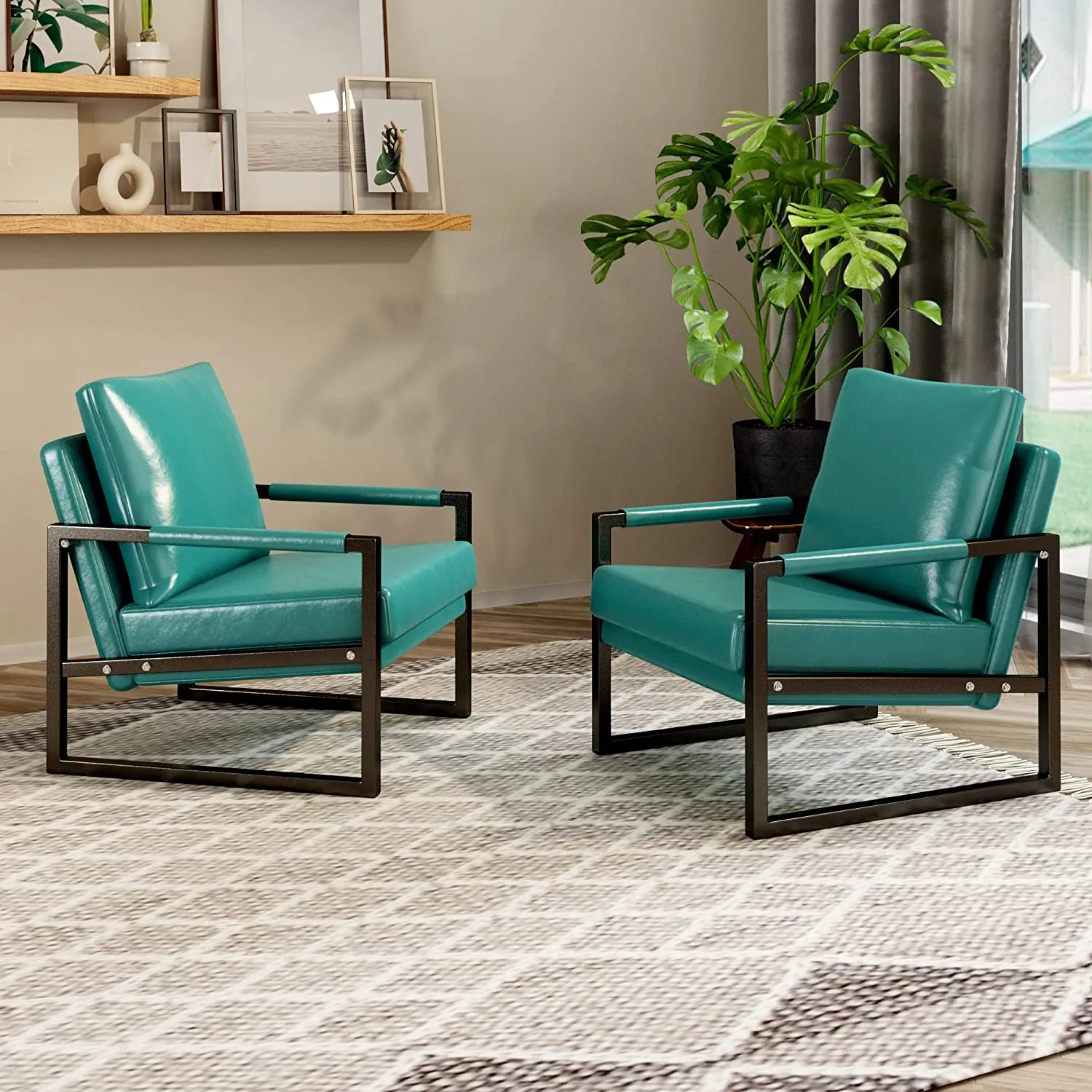 2PCS PU Leather Accent Armchair with Black Powder Coated Metal Frame