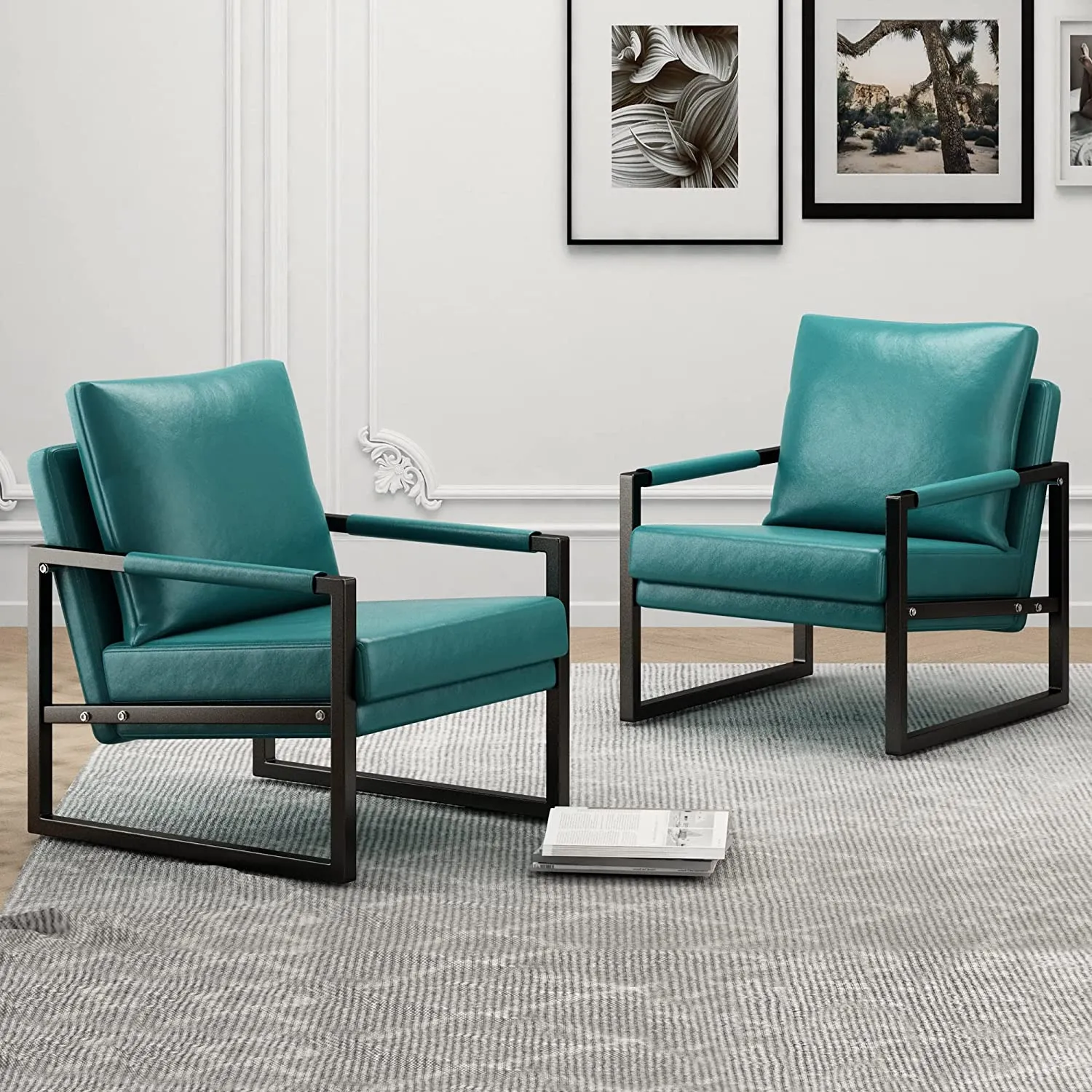2PCS PU Leather Accent Armchair with Black Powder Coated Metal Frame