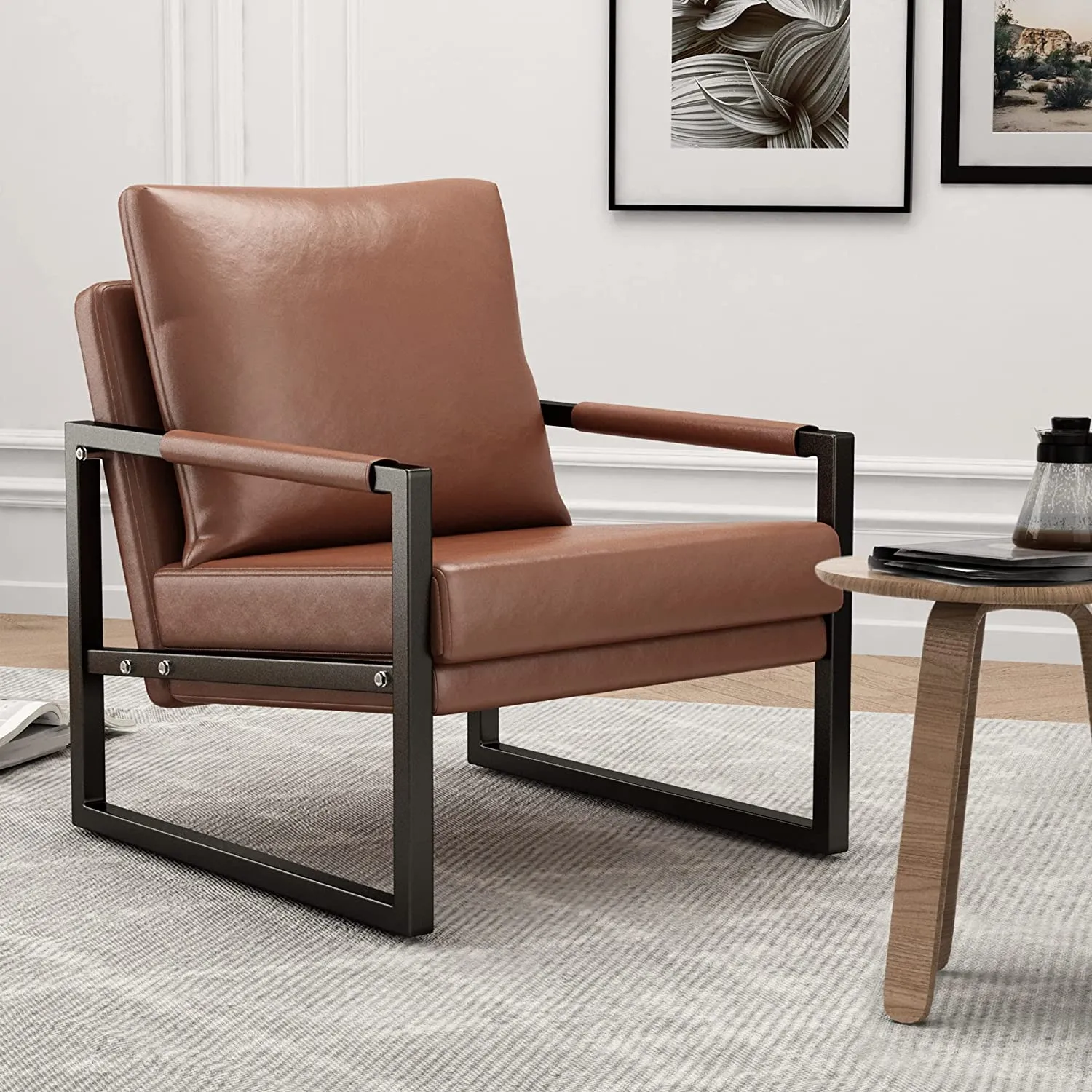 2PCS PU Leather Accent Armchair with Black Powder Coated Metal Frame