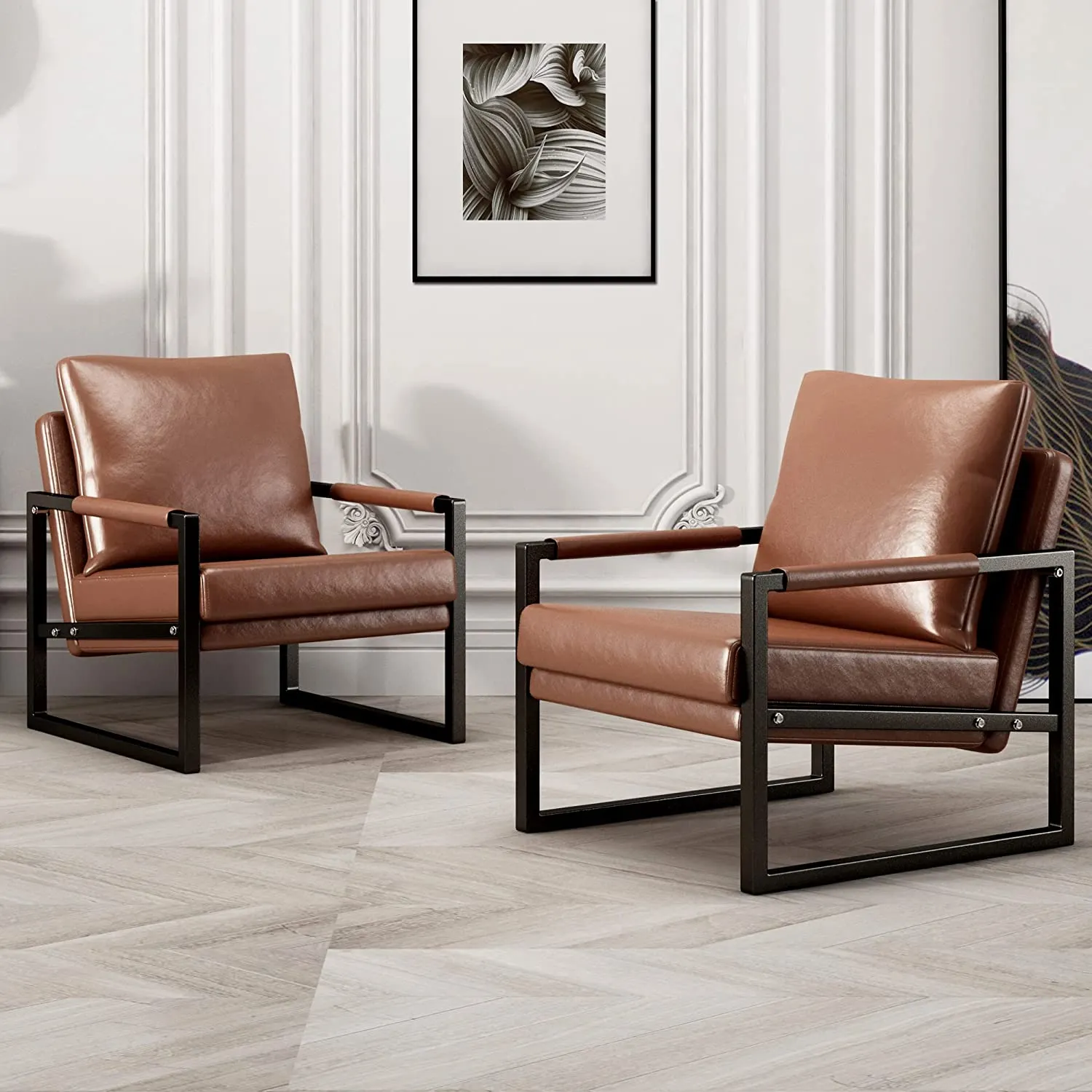 2PCS PU Leather Accent Armchair with Black Powder Coated Metal Frame