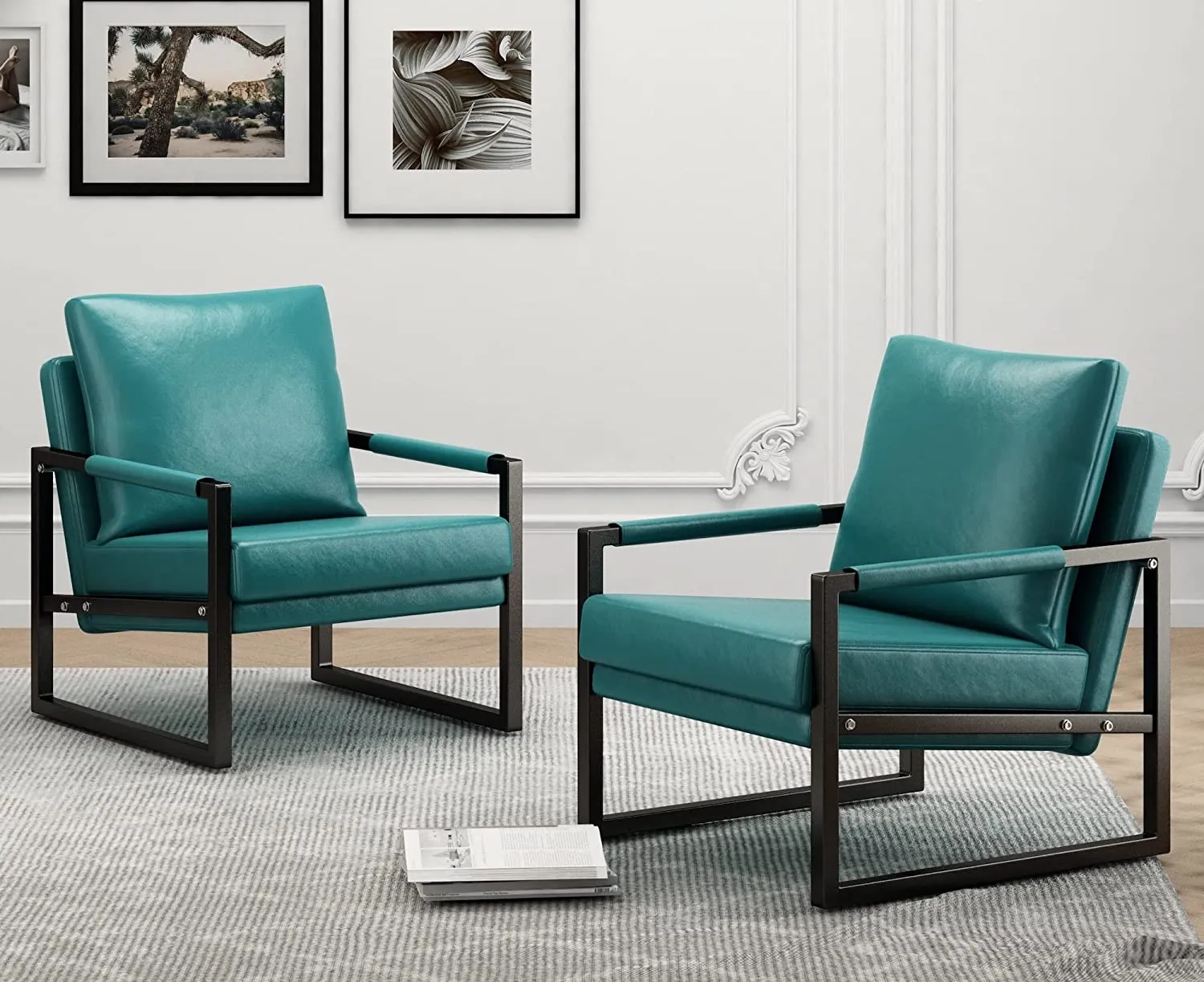 2PCS PU Leather Accent Armchair with Black Powder Coated Metal Frame