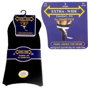 3 Pairs - Black - Mens Extra Wide Diabetic Socks Size 6-11