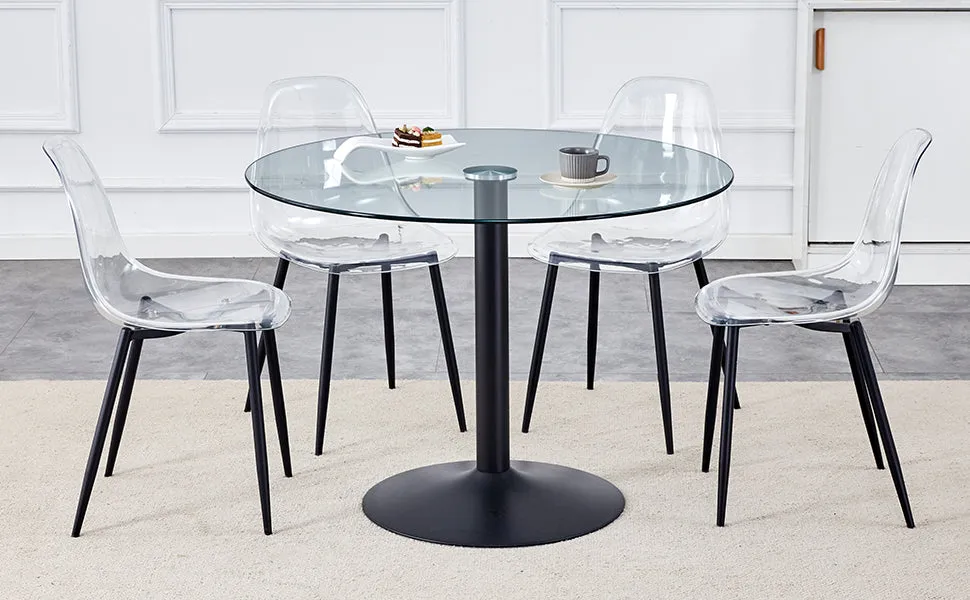 42" Round Glass Dining Table Set with 4 Transparent Chairs, Black Metal Base & Legs