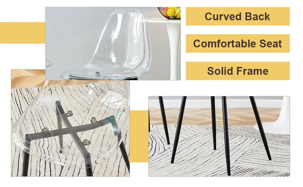 42" Round Glass Dining Table Set with 4 Transparent Chairs, Black Metal Base & Legs