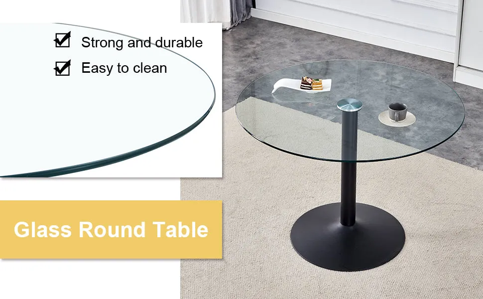 42" Round Glass Dining Table Set with 4 Transparent Chairs, Black Metal Base & Legs