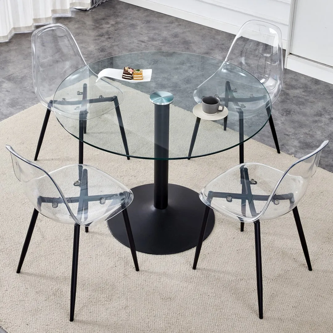 42" Round Glass Dining Table Set with 4 Transparent Chairs, Black Metal Base & Legs