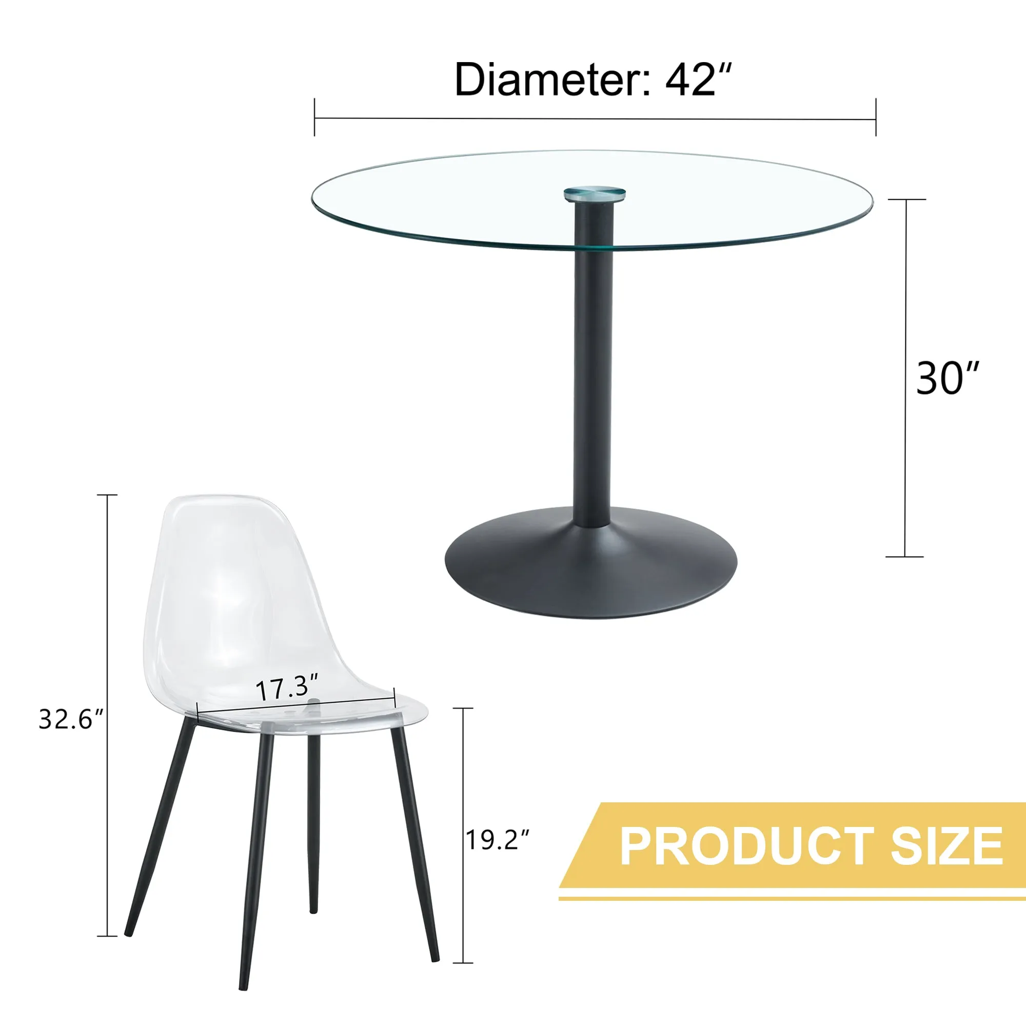 42" Round Glass Dining Table Set with 4 Transparent Chairs, Black Metal Base & Legs