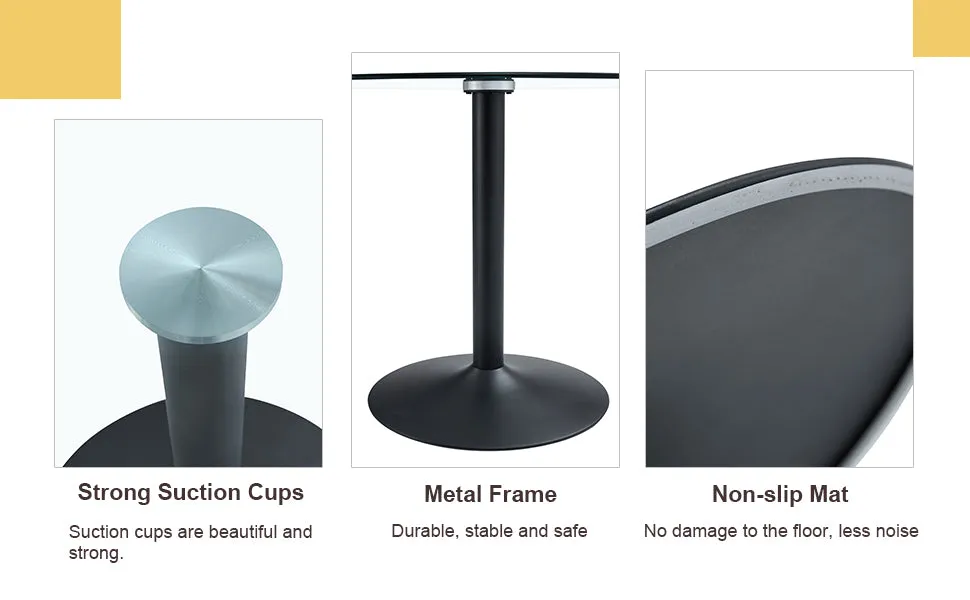 42" Round Glass Dining Table Set with 4 Transparent Chairs, Black Metal Base & Legs