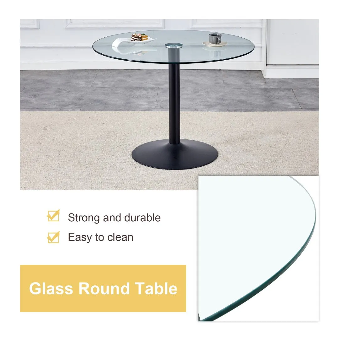 42" Round Glass Dining Table Set with 4 Transparent Chairs, Black Metal Base & Legs