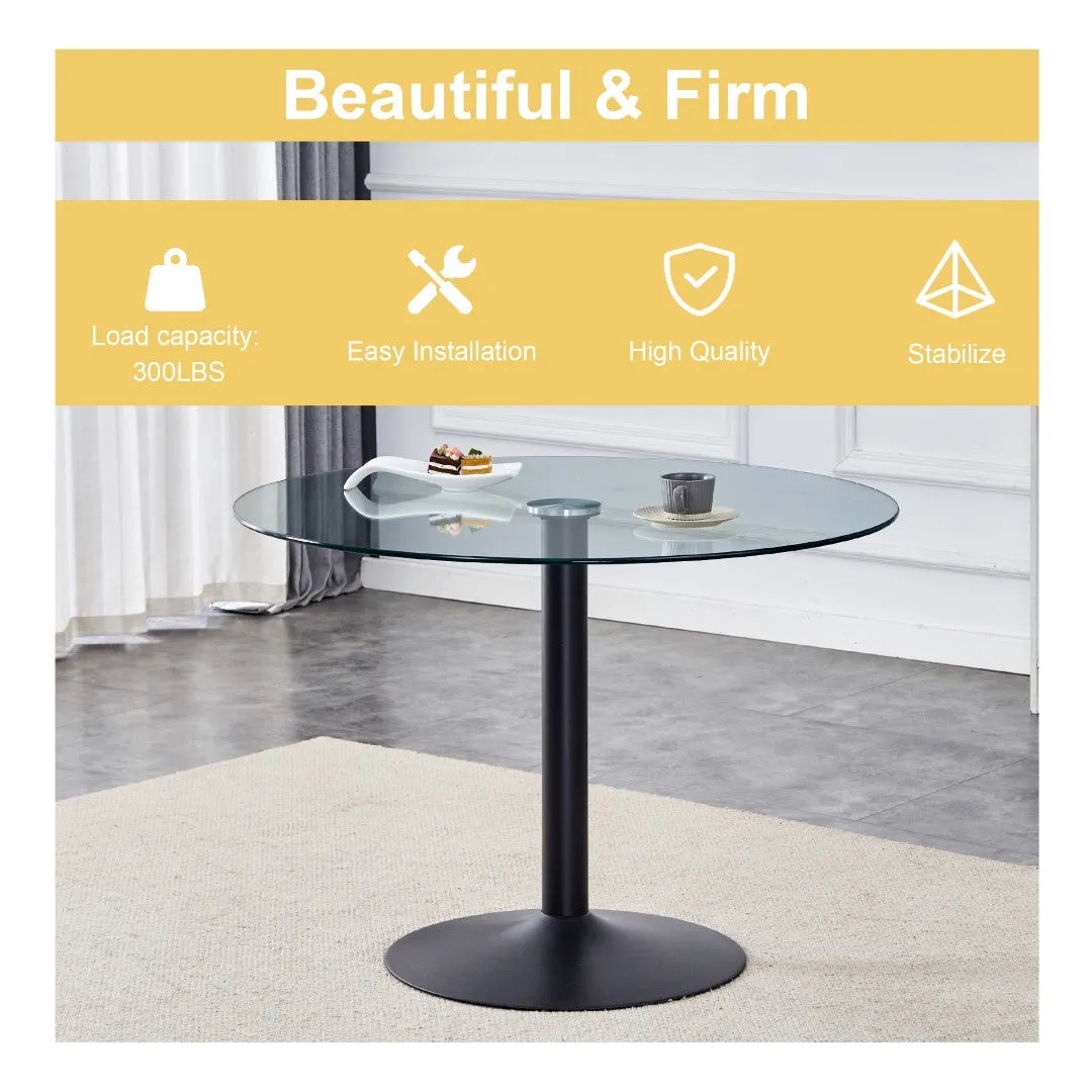42" Round Glass Dining Table Set with 4 Transparent Chairs, Black Metal Base & Legs