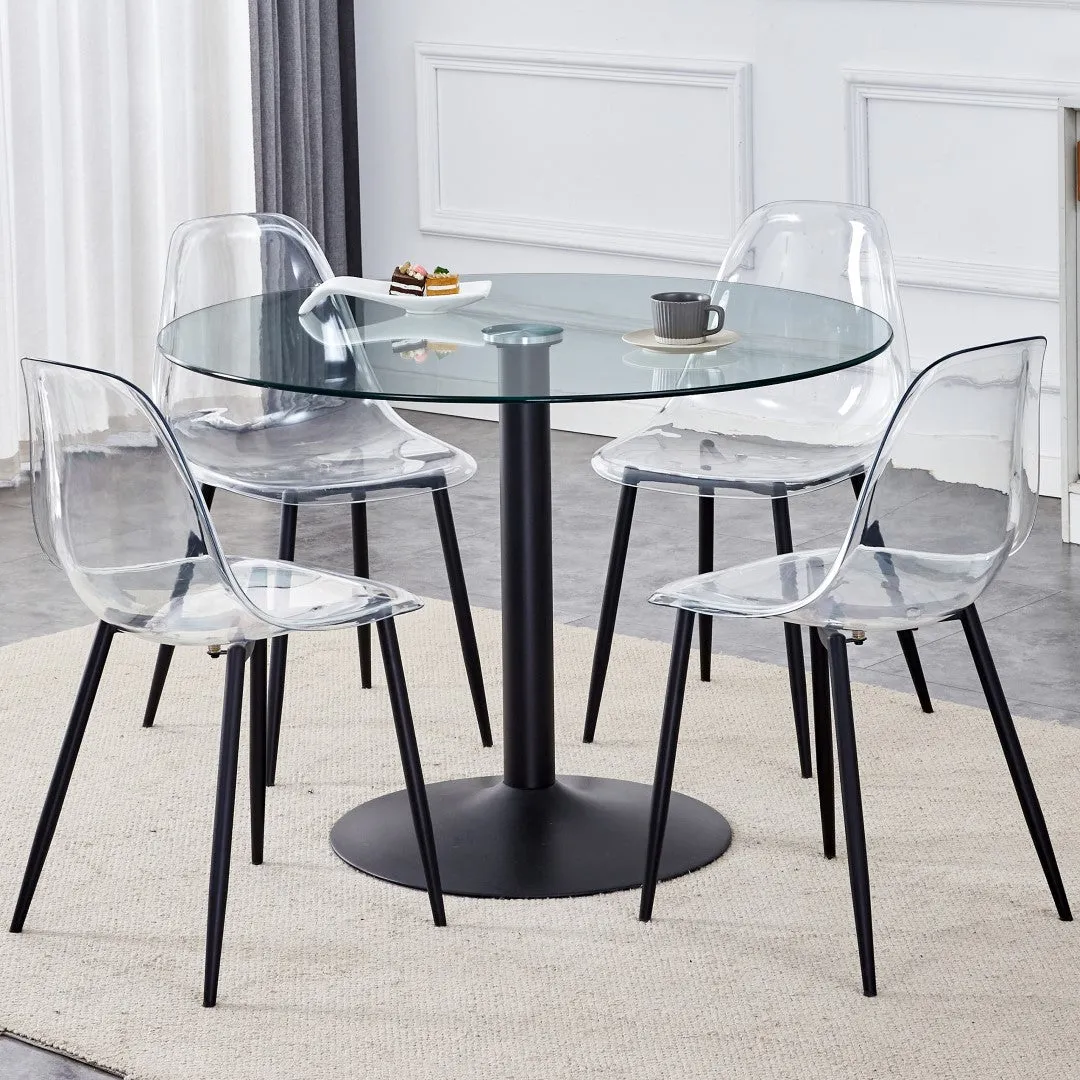 42" Round Glass Dining Table Set with 4 Transparent Chairs, Black Metal Base & Legs