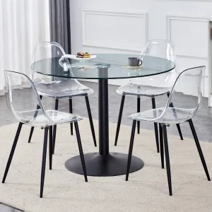 42" Round Glass Dining Table Set with 4 Transparent Chairs, Black Metal Base & Legs