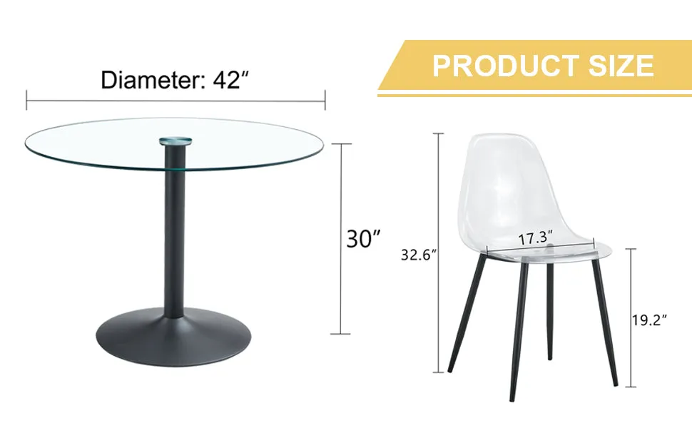 42" Round Glass Dining Table Set with 4 Transparent Chairs, Black Metal Base & Legs