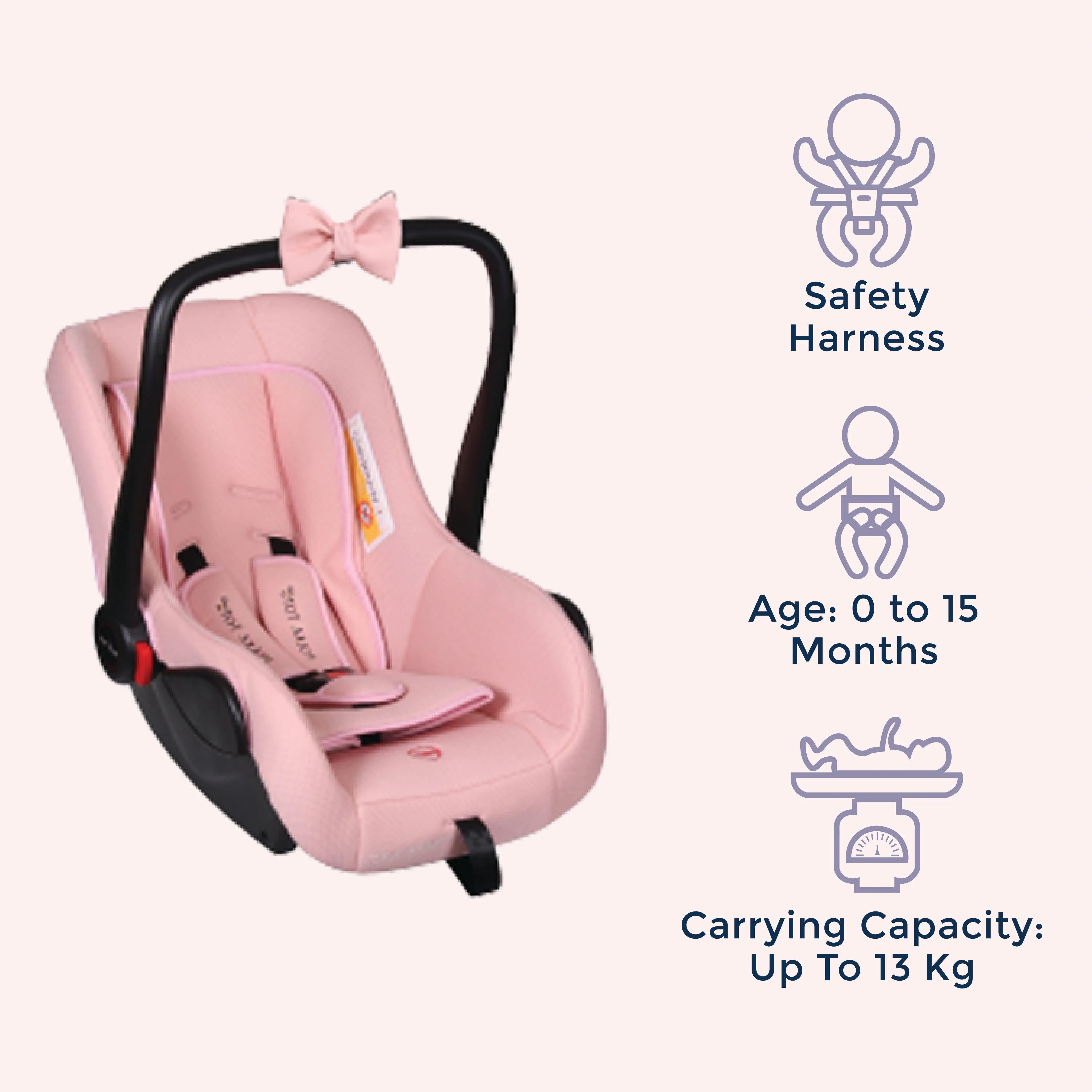 5 in 1 Multi Purpose Baby Car Seat Cum Carrycot with Fancy Bow Tie (Pink)