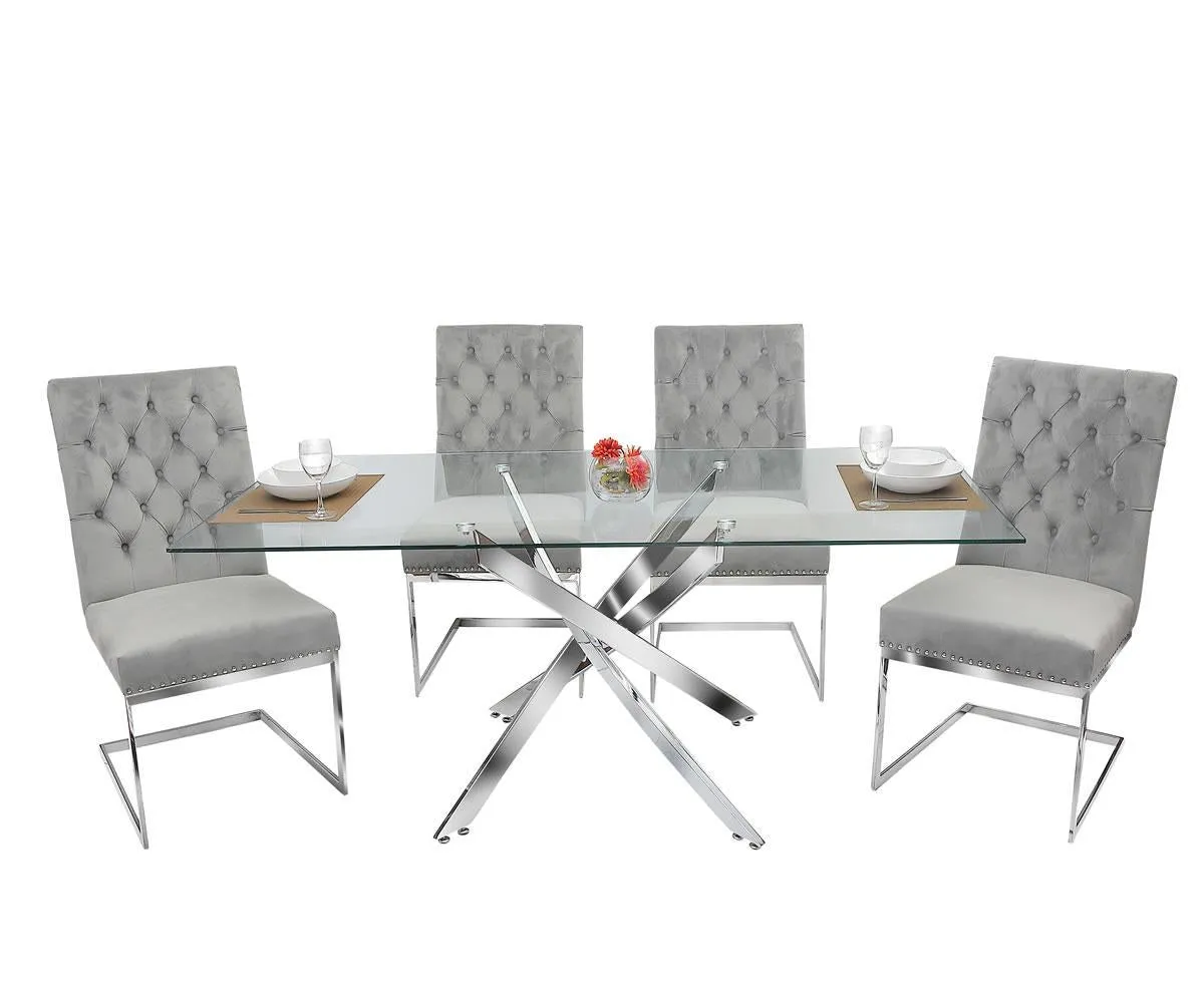 5 PC Glass Dining Table Set With Velvet Tufted Knocker Chairs- Model Harly
