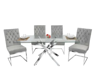 5 PC Glass Dining Table Set With Velvet Tufted Knocker Chairs- Model Harly