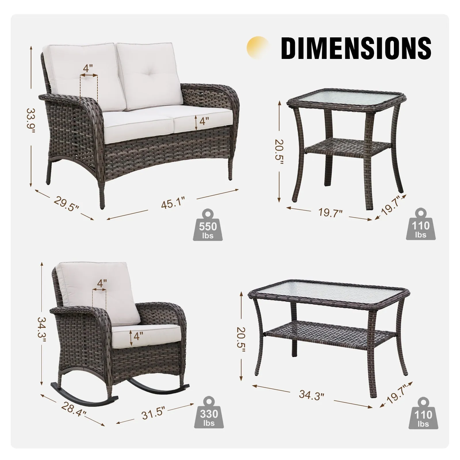 5 PCS Rustic Veranda Patio Conversation Set, Loveseat, 2 Rocking Chairs, Coffee Table and Side Table, Gray/Beige