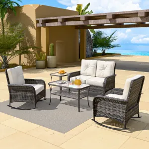 5 PCS Rustic Veranda Patio Conversation Set, Loveseat, 2 Rocking Chairs, Coffee Table and Side Table, Gray/Beige