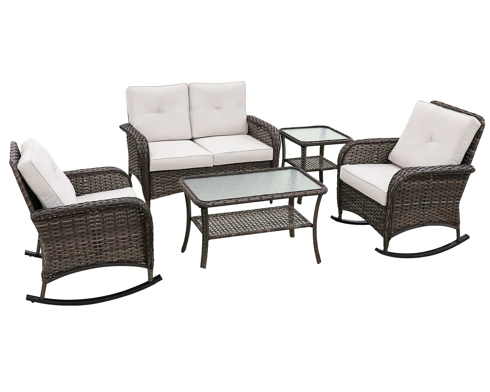5 PCS Rustic Veranda Patio Conversation Set, Loveseat, 2 Rocking Chairs, Coffee Table and Side Table, Gray/Beige