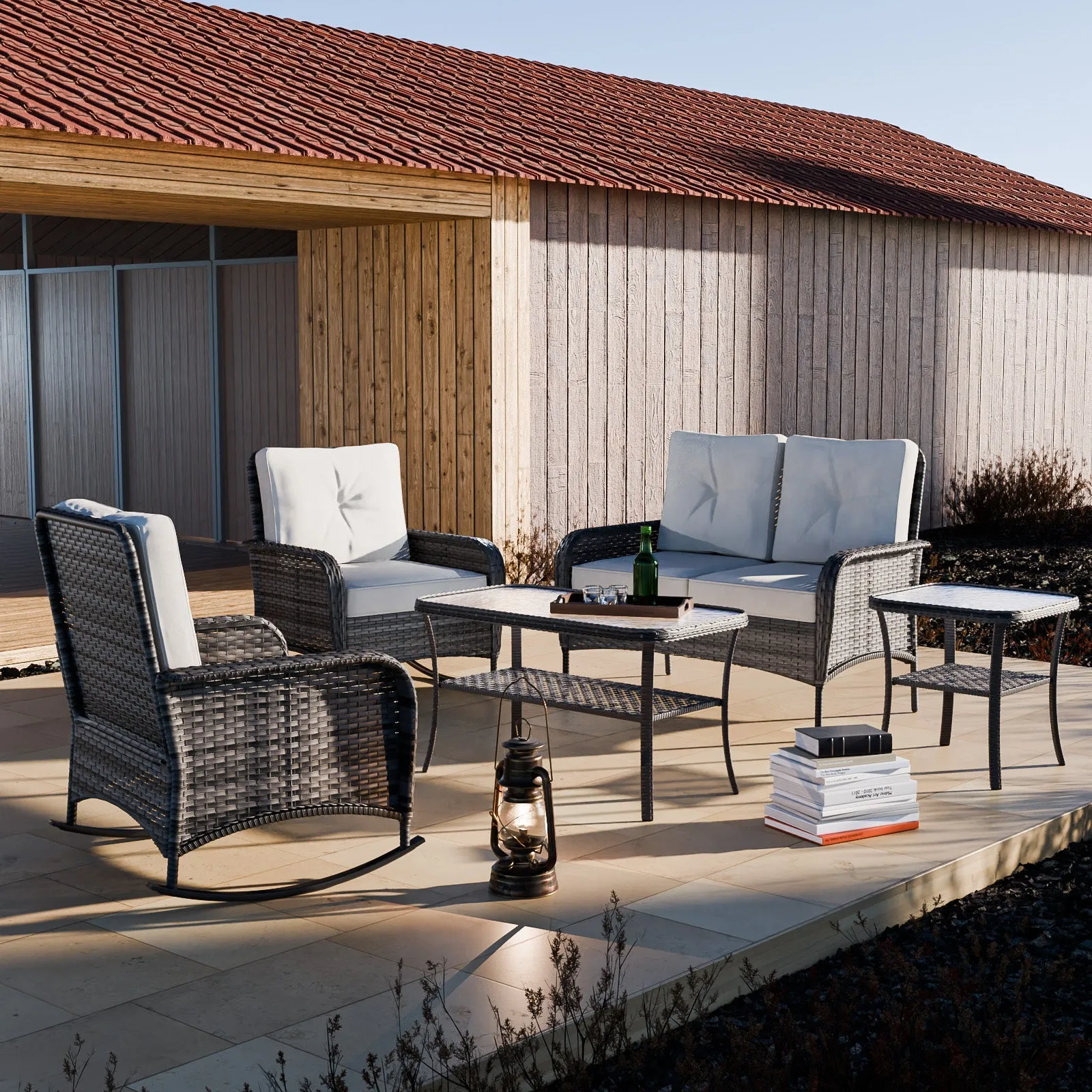 5 PCS Rustic Veranda Patio Conversation Set, Loveseat, 2 Rocking Chairs, Coffee Table and Side Table, Gray/Beige