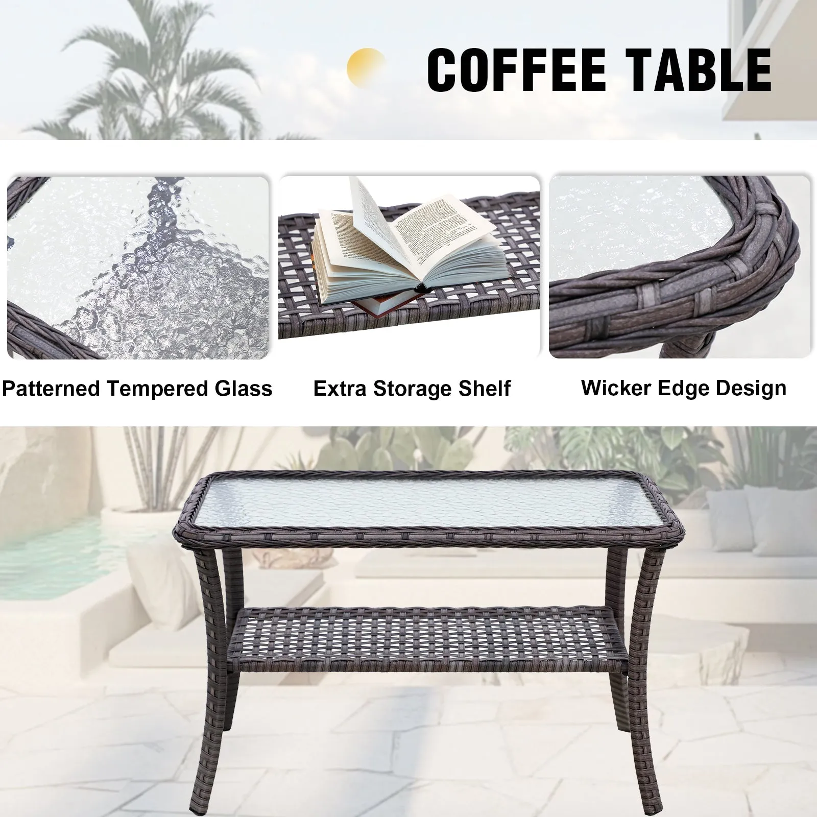 5 PCS Rustic Veranda Patio Conversation Set, Loveseat, 2 Rocking Chairs, Coffee Table and Side Table, Gray/Beige