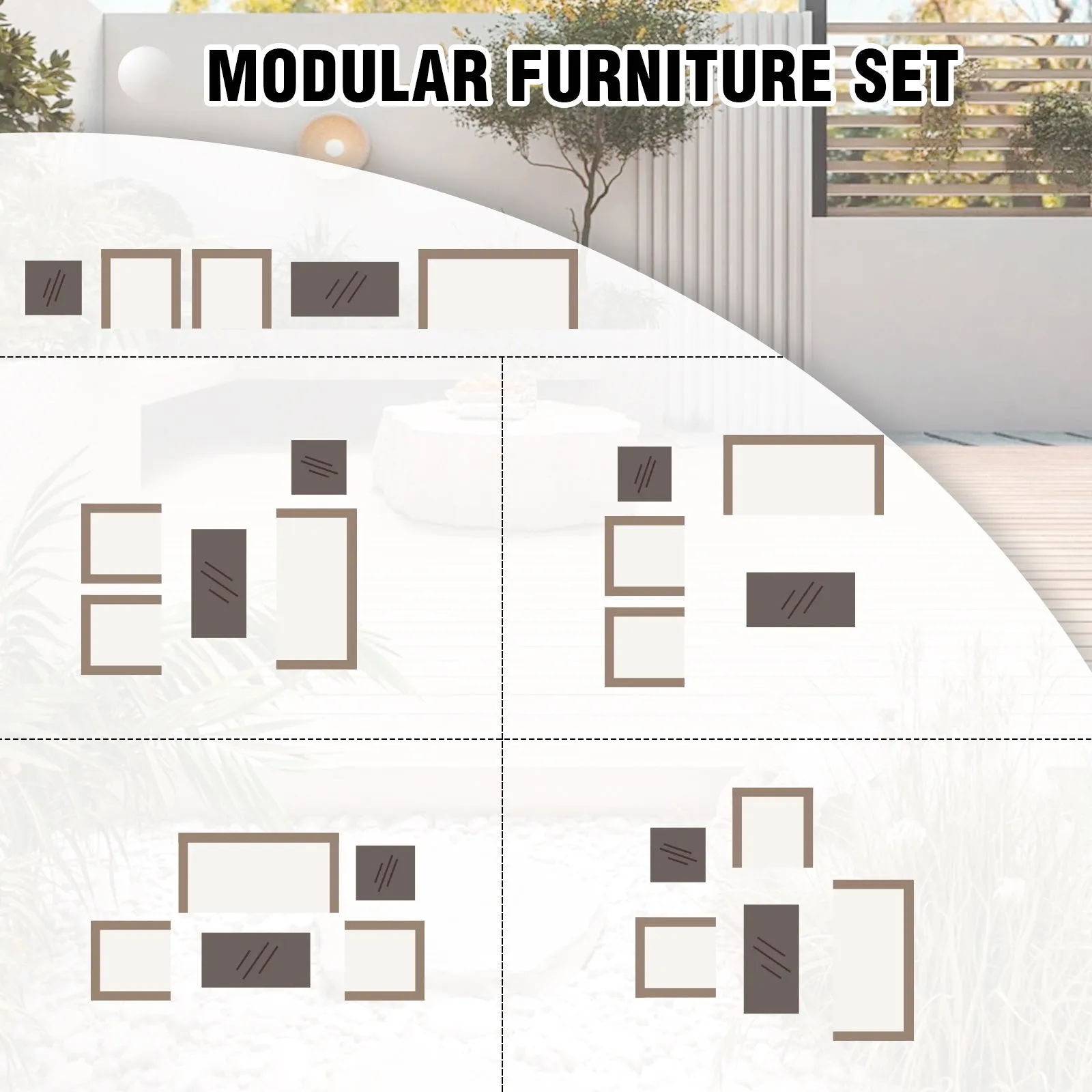 5 PCS Rustic Veranda Patio Conversation Set, Loveseat, 2 Rocking Chairs, Coffee Table and Side Table, Gray/Beige