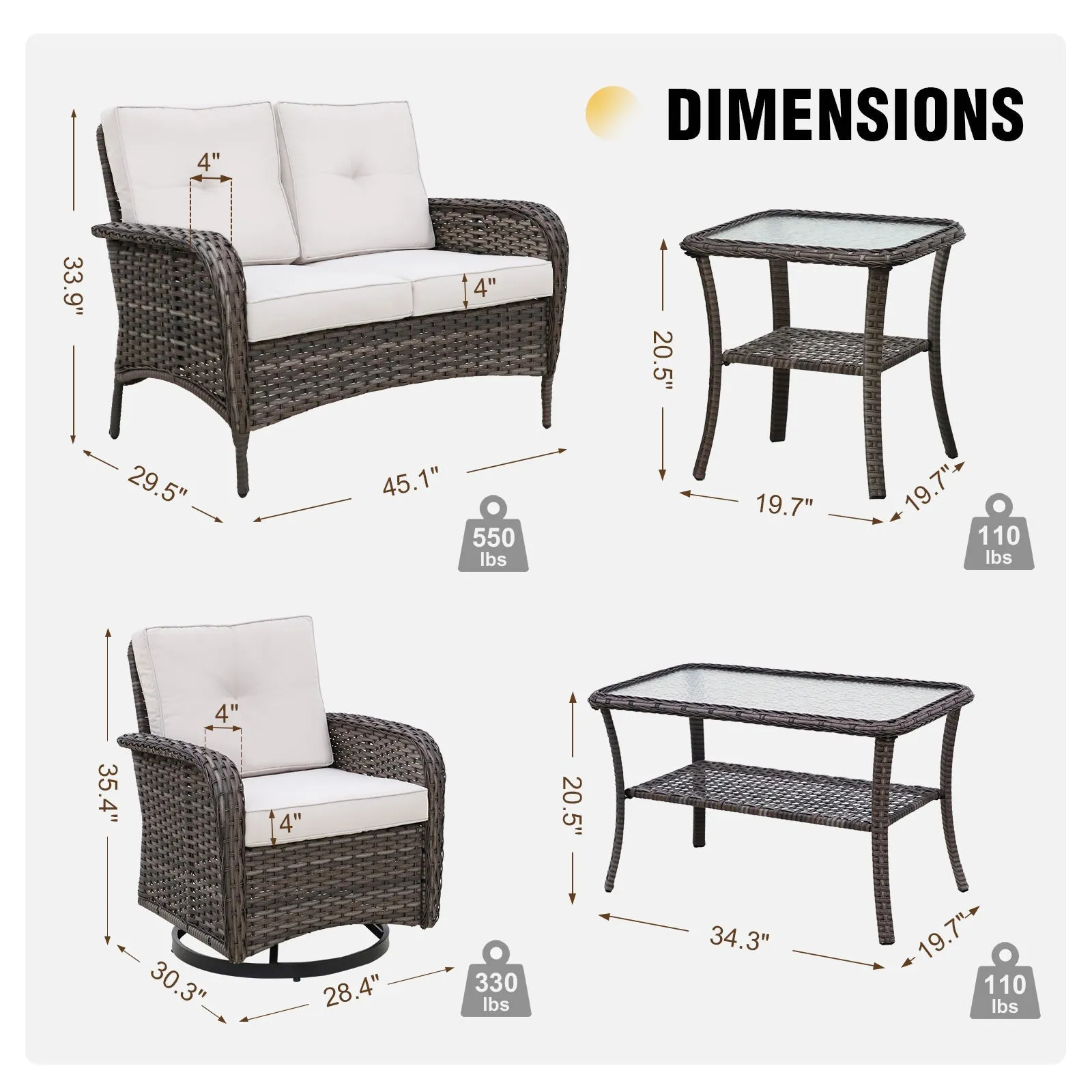 5 PCS Rustic Veranda Patio Conversation Set, Loveseat, 2 Swivel Rocker Chairs, Coffee Table and Side Table, Gray/Beige