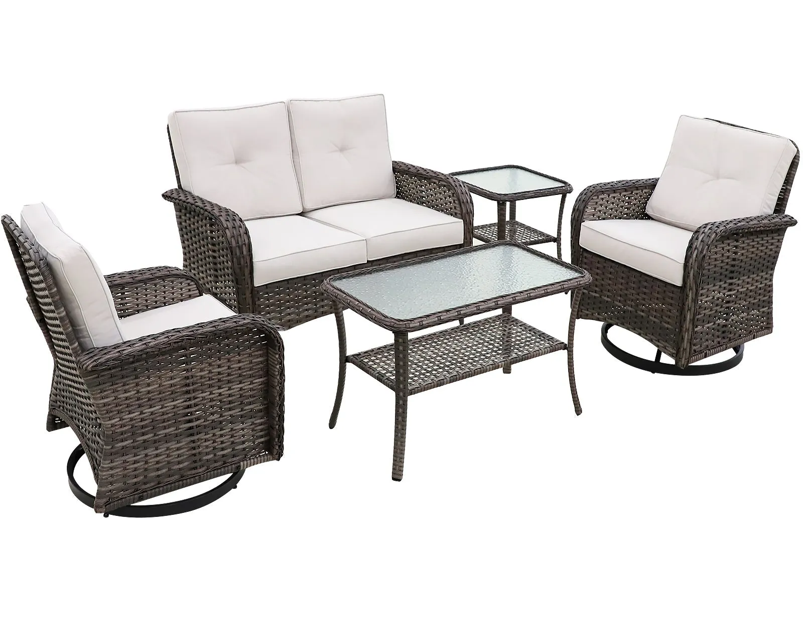 5 PCS Rustic Veranda Patio Conversation Set, Loveseat, 2 Swivel Rocker Chairs, Coffee Table and Side Table, Gray/Beige