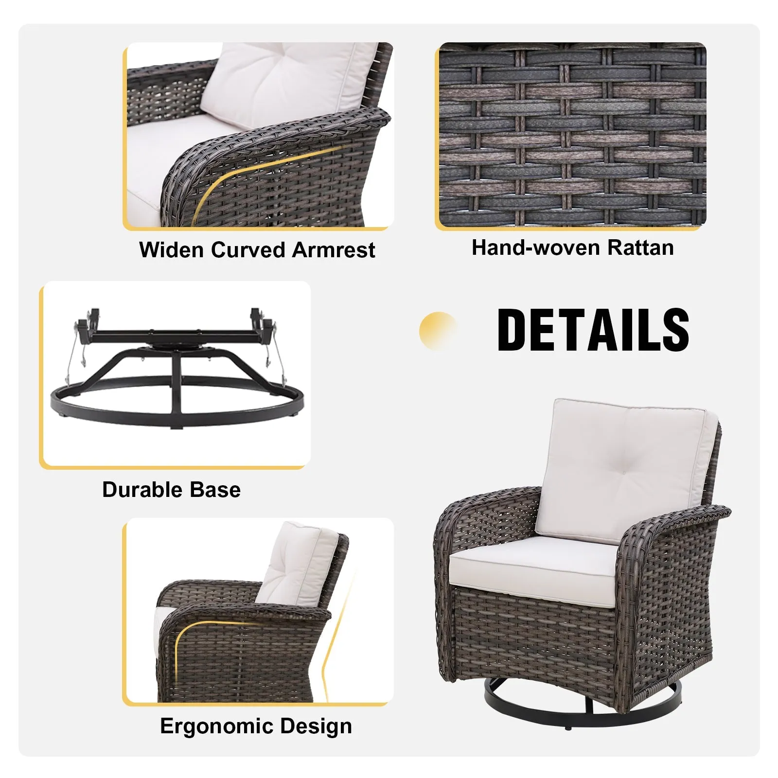 5 PCS Rustic Veranda Patio Conversation Set, Loveseat, 2 Swivel Rocker Chairs, Coffee Table and Side Table, Gray/Beige