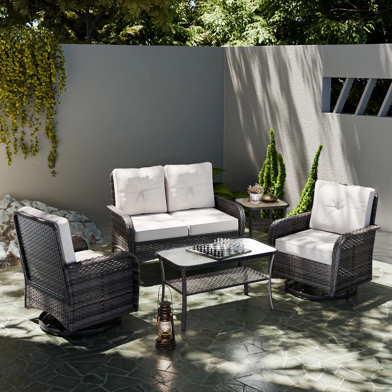 5 PCS Rustic Veranda Patio Conversation Set, Loveseat, 2 Swivel Rocker Chairs, Coffee Table and Side Table, Gray/Beige