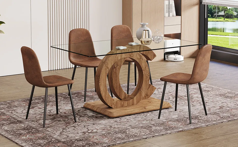 5-Piece Dining Set: 63" Rectangular Glass Table with Wood Color MDF Base, 4 Brown Fabric Chairs